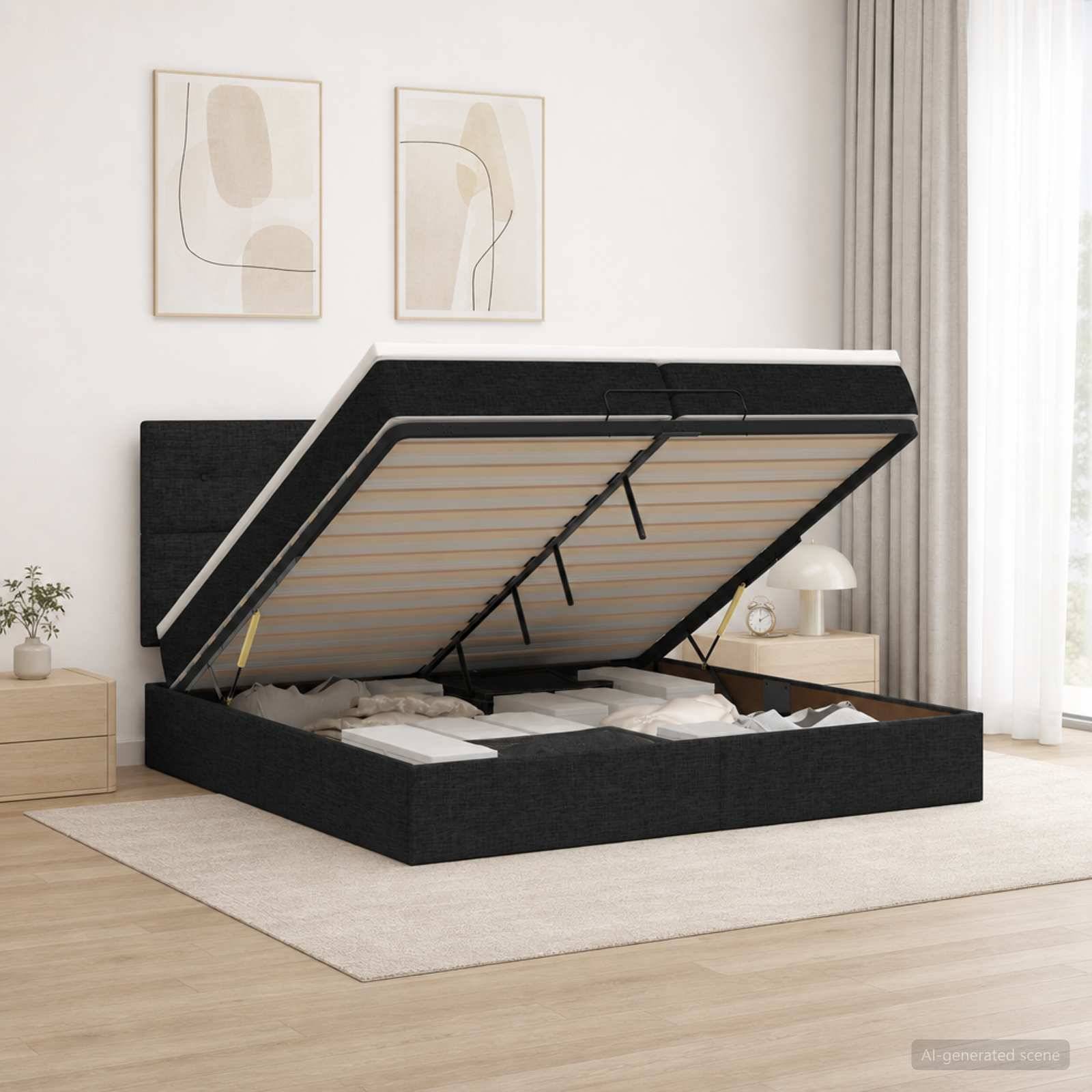 Schwarzes gepolstertes Hubbett mit angehobenem Lattenrost, das Stauraum unter dem Bett in einem modernen Schlafzimmer offenbart.