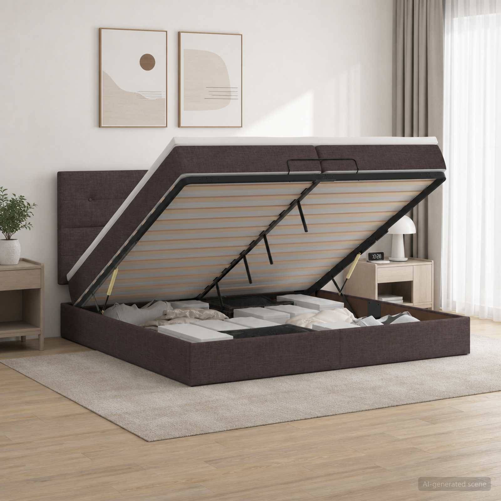 Ein Speicherbett mit hochgeklappter Matratze, die die Lamellenbasis und das Unter-Bett-Fach in einem modernen Schlafzimmer zeigt.