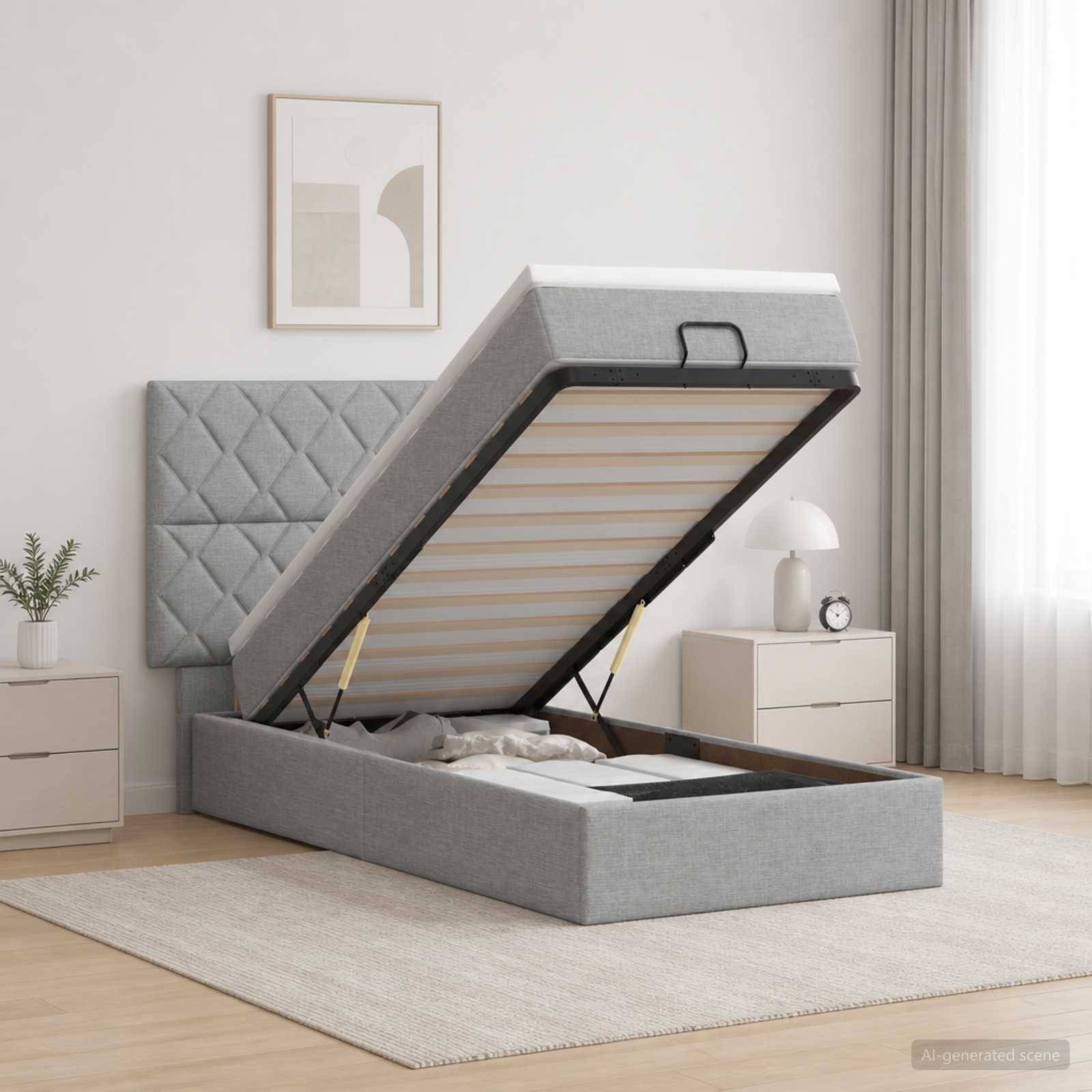 Grau gepolstertes Bett mit Hubmechanismus und offenem Stauraum in einem hellen, minimalistischen Schlafzimmer, das die Matratzenunterlage und das Kopfteil zeigt.