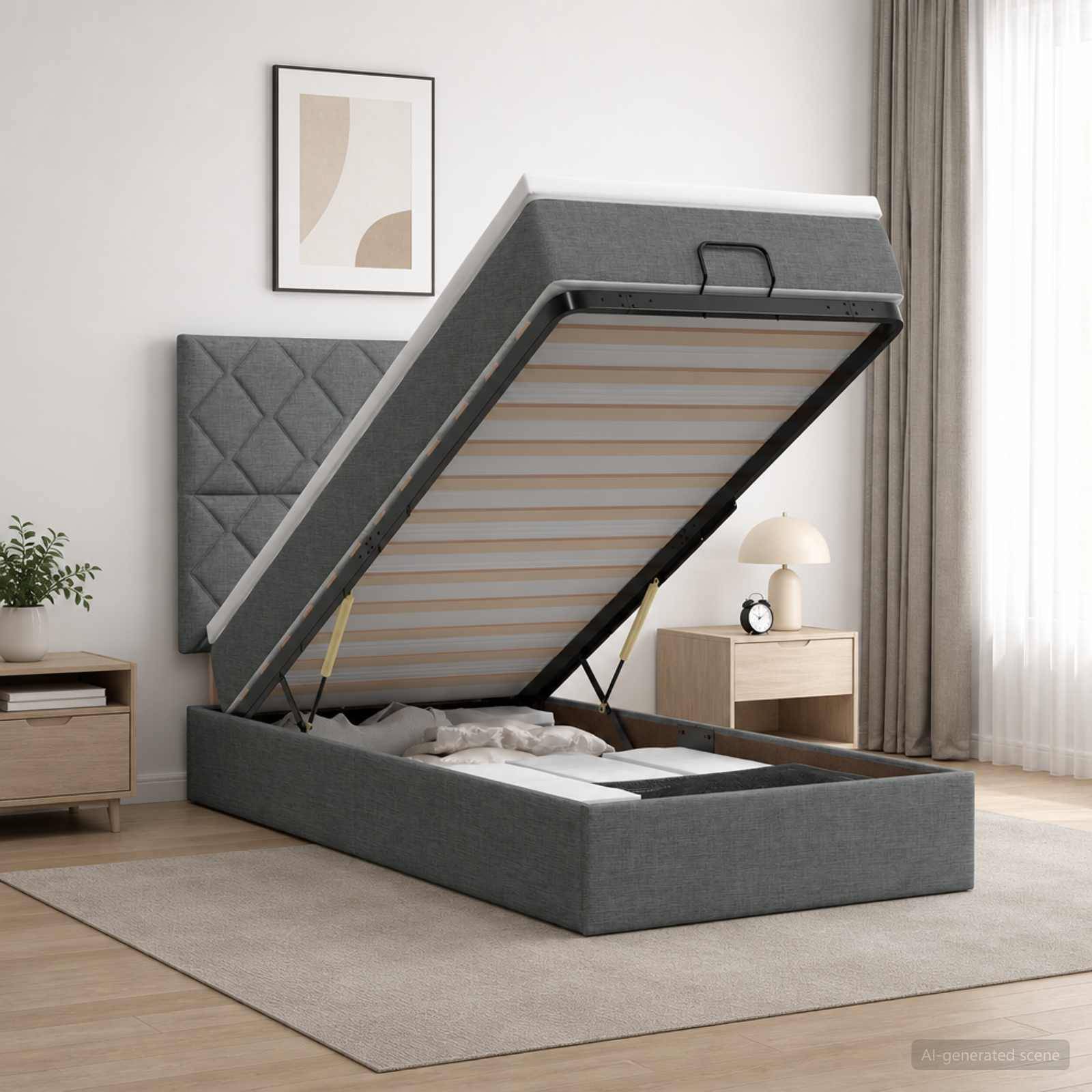 Grau gepolstertes Speicherbett mit aufklappbarer Matratzenplattform, das unter dem Bett Stauraum offenbart, in einem hellen modernen Schlafzimmer.