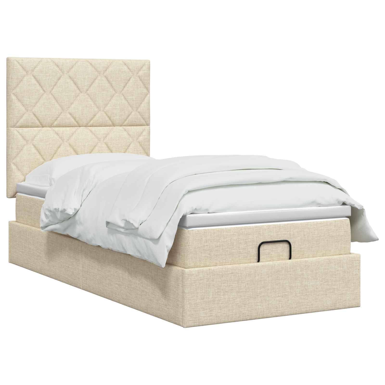 Beiges gepolstertes Boxspringbett mit abnehmbarem Stauraum und gestepptem Kopfteil, abgebildet mit weißer Bettwäsche auf weißem Hintergrund.