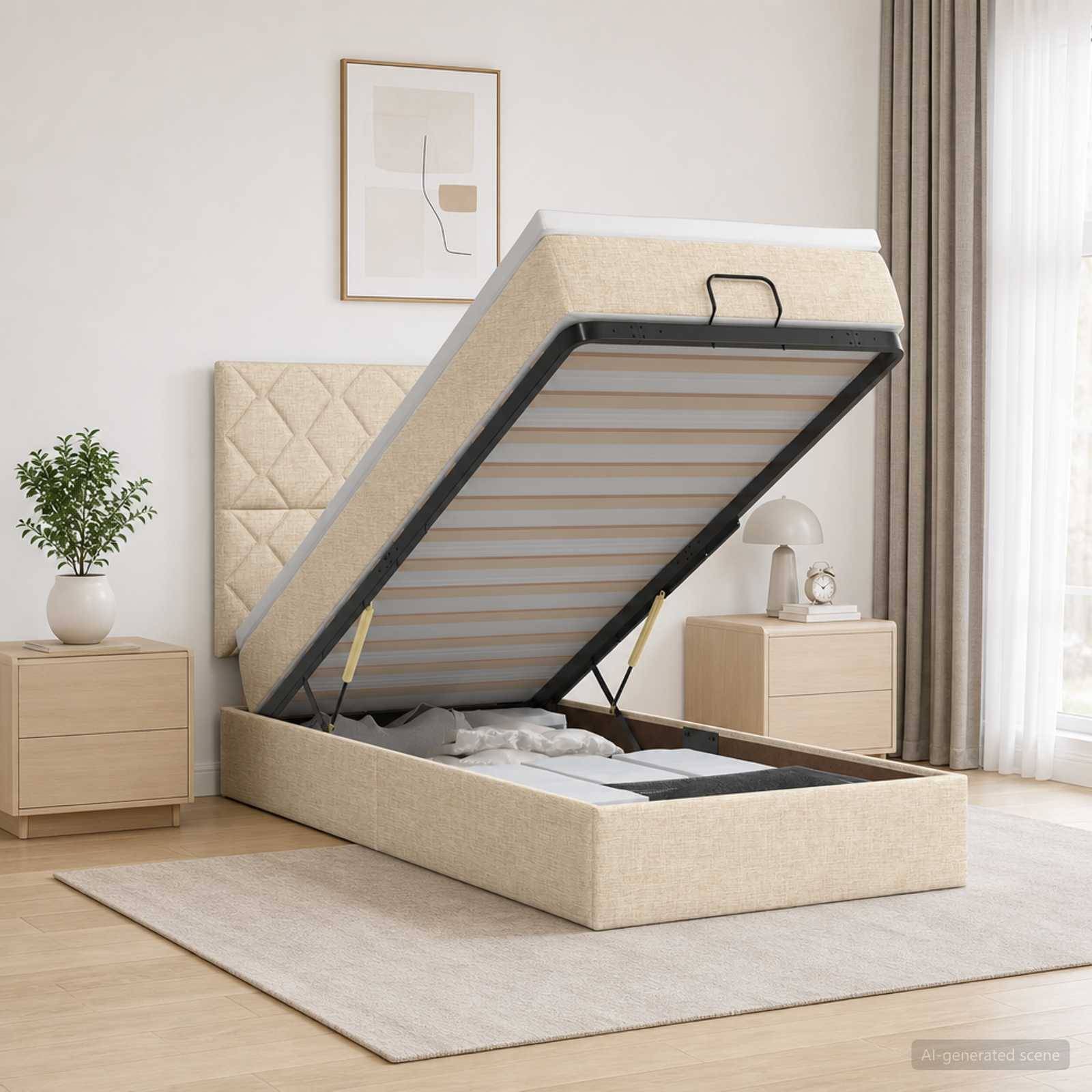Beige gepolstertes Speicherbett mit angehobener Matratze, das Unter-Bett-Stauraum in einem hellen modernen Schlafzimmer zeigt.