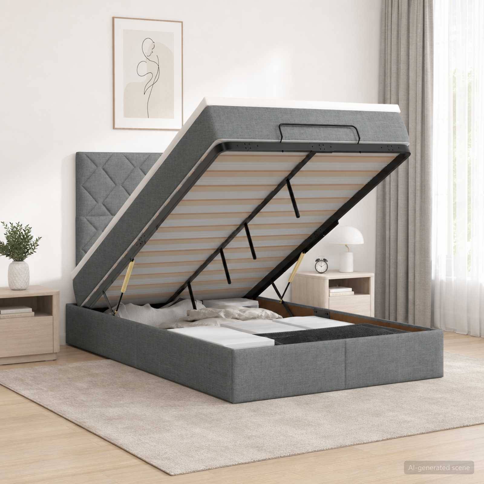 Grau gepolstertes Bettgestell mit Hubfunktion und Lattenrost angehoben, zeigt den Stauraum unter dem Bett in einem hellen modernen Schlafzimmer.