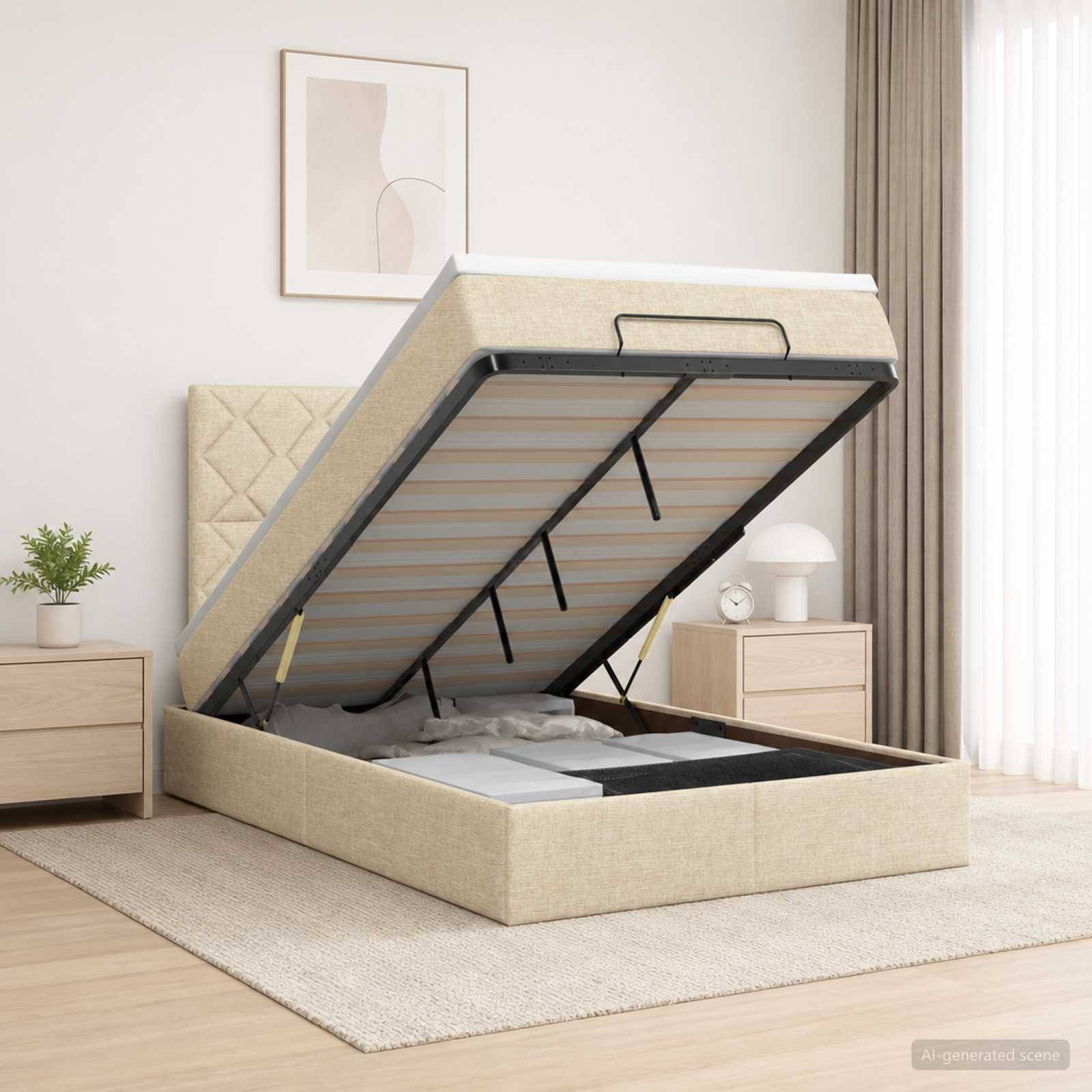 Beige gepolstertes Klappbett mit Stauraum in einem Schlafzimmer, geöffnet, um die Matratzenunterlage und den Stauraum unter dem Bett zu zeigen.