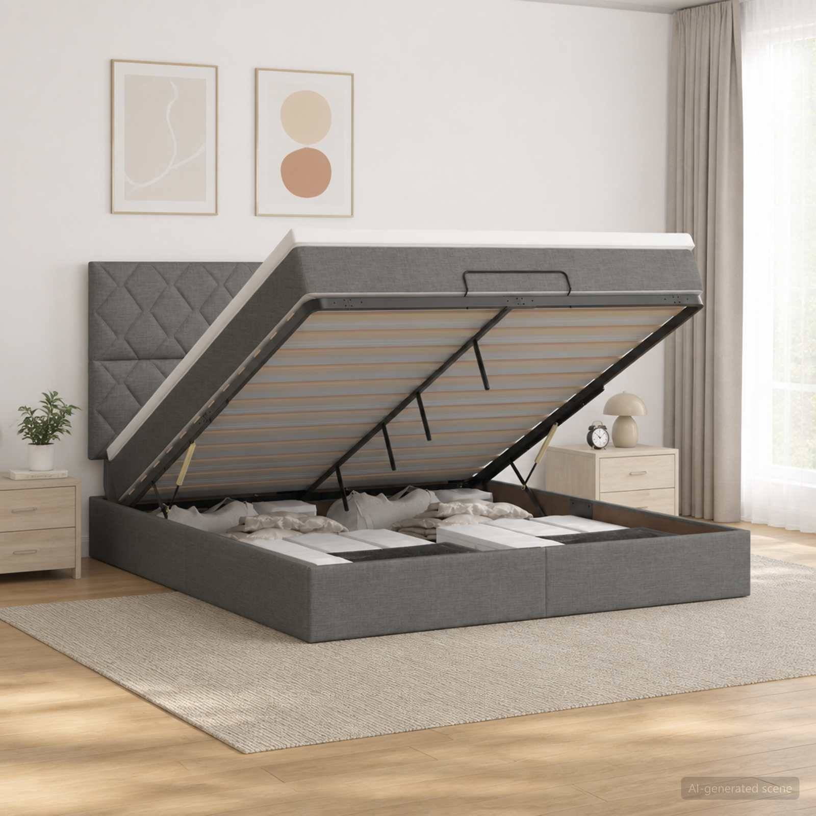 Graues Polsterbett mit Hubbettkasten, wobei die Matratzenablage angehoben ist und den Stauraum in einem hellen Schlafzimmer zeigt.