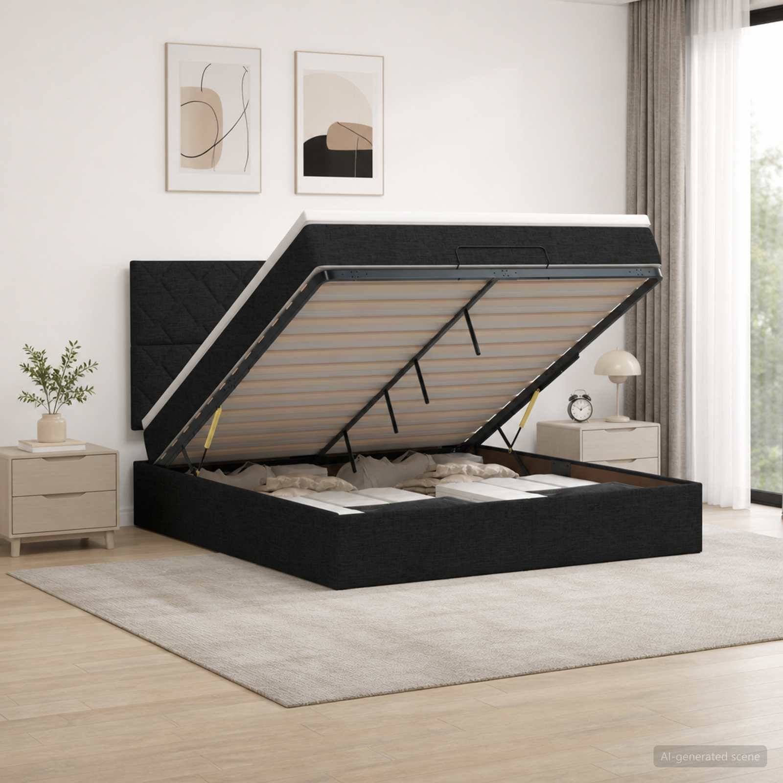 Schwarzes gepolstertes Speicherbett mit hochgeklappter Matratze, das unter dem Bett liegende Stauraum in einem hellen, modernen Schlafzimmer zeigt.