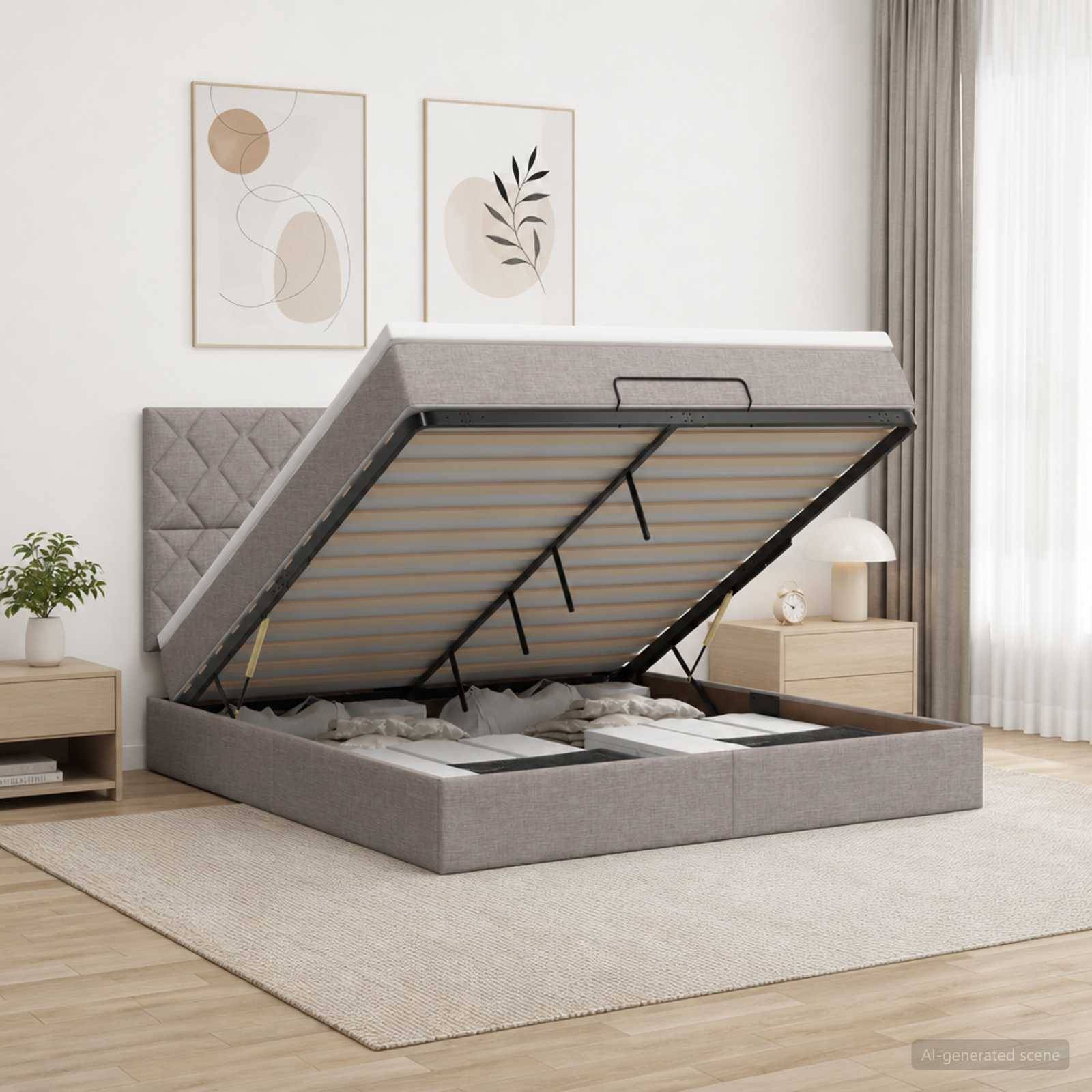 Graues gepolstertes Ottomane-Bett in einem modernen Schlafzimmer, geöffnet, um den Stauraum unter dem Bett und die Lamellenbasis zu zeigen, mit neutraler Einrichtung.
