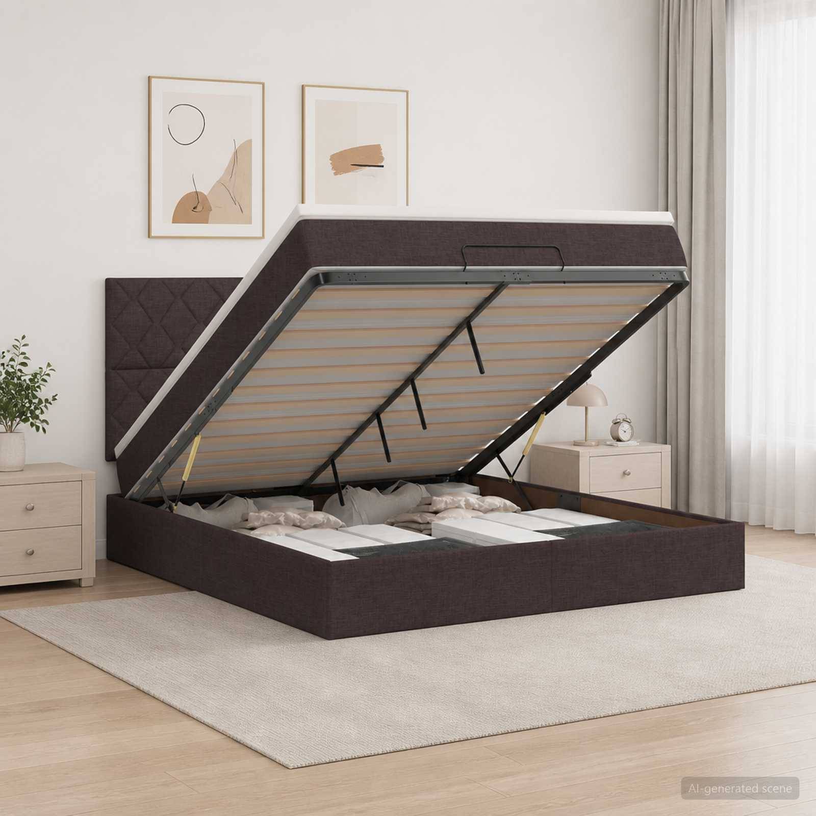 Braunes, gepolstertes Plattformbett mit Stauraumbasis, offen dargestellt, um die Matratzenunterstützung und das innere Fach in einem minimalistischen Schlafzimmer zu zeigen.