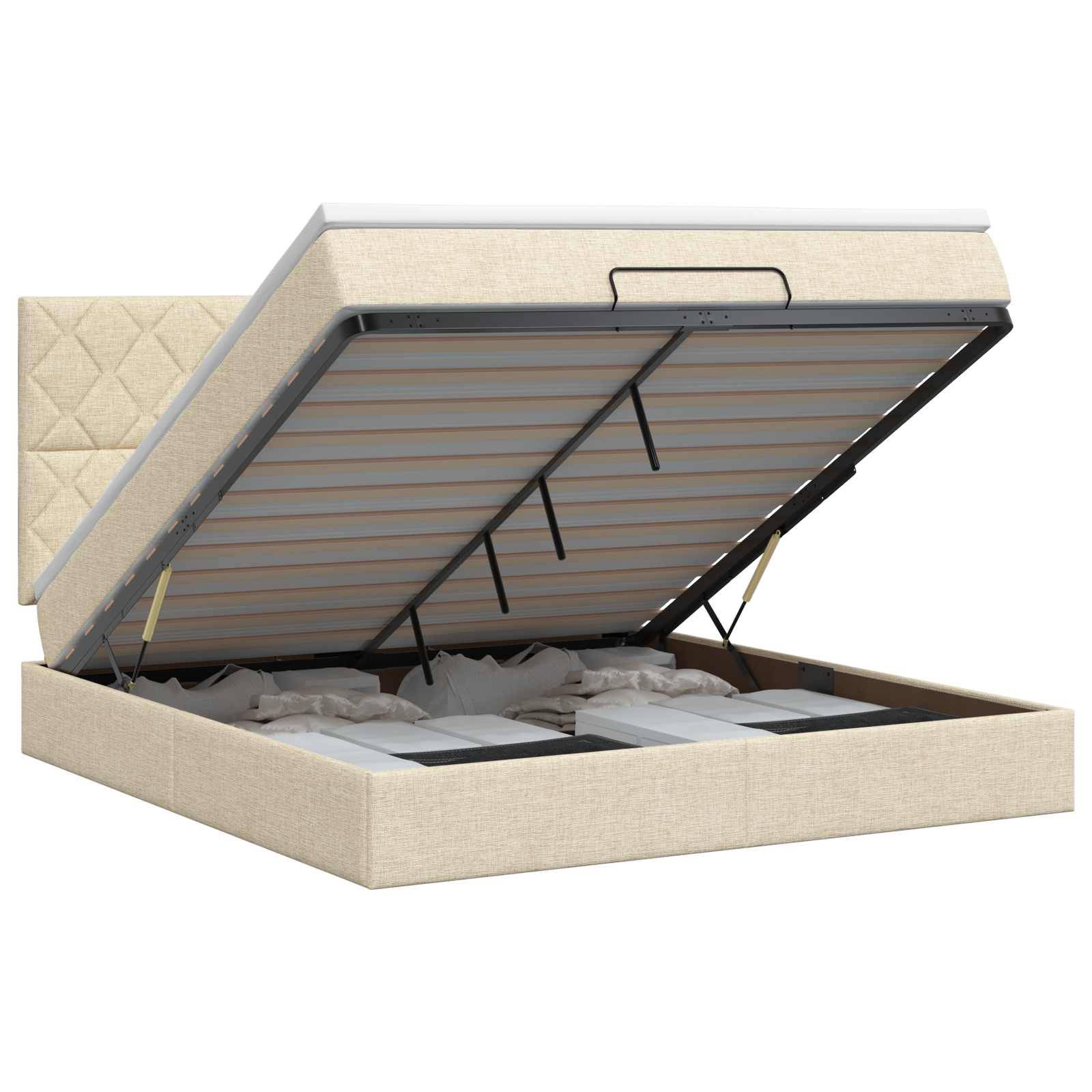 Gepolstertes beige Lift-Up-Bett mit Stauraum und Matratzenplattform, die angehoben ist, um das Stauraum unter dem Bett freizulegen.