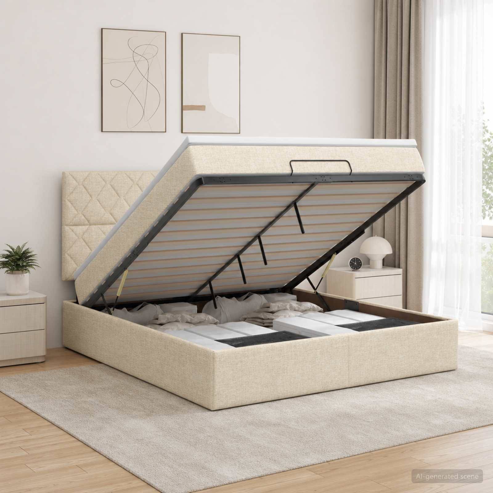 Beige gepolstertes Speicherbett mit Matratzenplattform, die auf hydraulischen Scharnieren hochgeklappt ist und den Stauraum unter dem Bett in einem hellen modernen Schlafzimmer zeigt.
