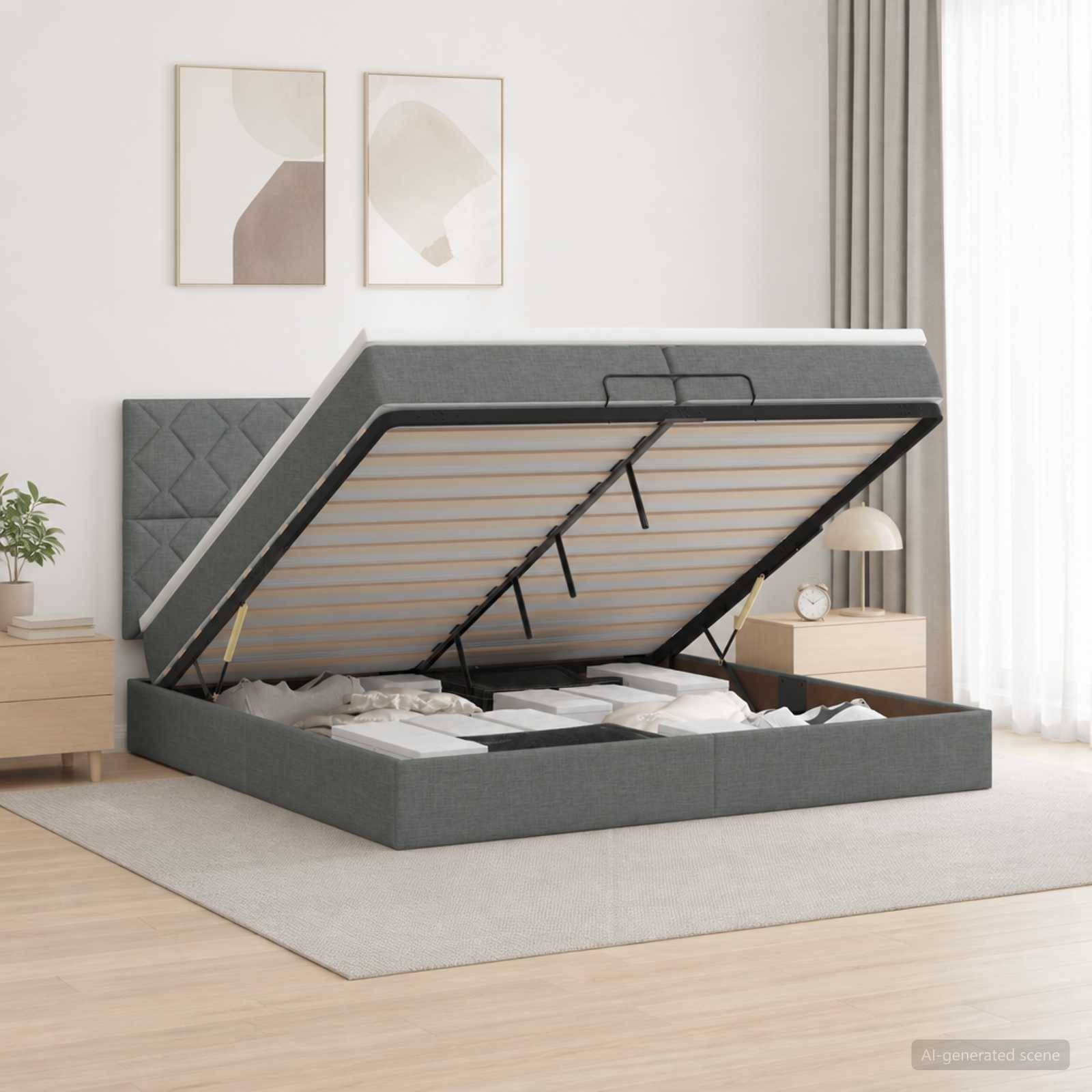 Grau gepolstertes Speicherbett mit aufgeklappter Matratzenplattform, die das Unter-Bett-Fach in einem hellen Schlafzimmer zeigt.