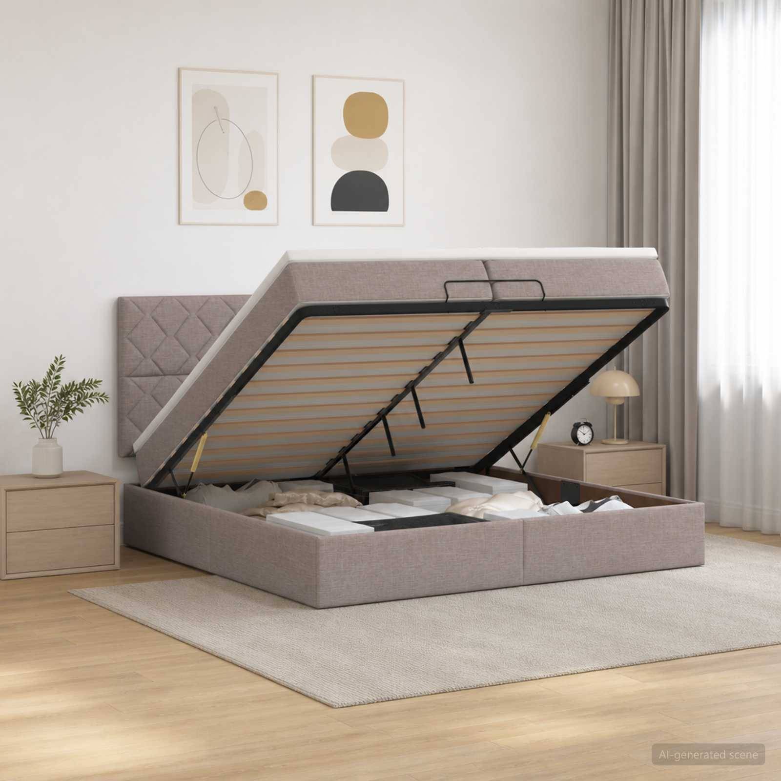 Gepolstertes Bettgestell mit hochgehobenem Bettlattenrost, das den Stauraum unter dem Bett in einem hellen, minimalistischen Schlafzimmer offenbart.