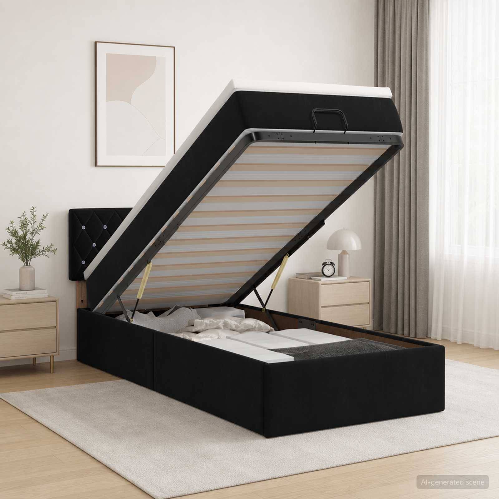 Schwarzes gepolstertes Ottomanbett mit angehobener Speicherbasis, die die lamellierte Unterseite und den Matratzenbereich in einem modernen Schlafzimmer zeigt.