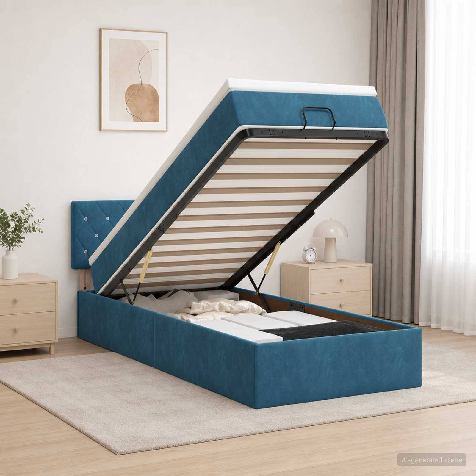Blaues gepolstertes Bett mit Hubfunktion und geöffnetem Stauraum, das die Latten an der Unterseite und die Matratze in einem hellen Schlafzimmer zeigt.