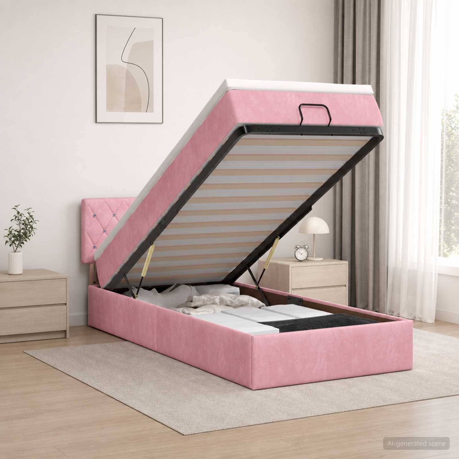 Rosa gepolstertes Bett mit Gasdruckfeder und Stauraum in einem hellen Schlafzimmer, mit der angehobenen Matratzenplattform, die den Stauraum unter dem Bett offenbart.