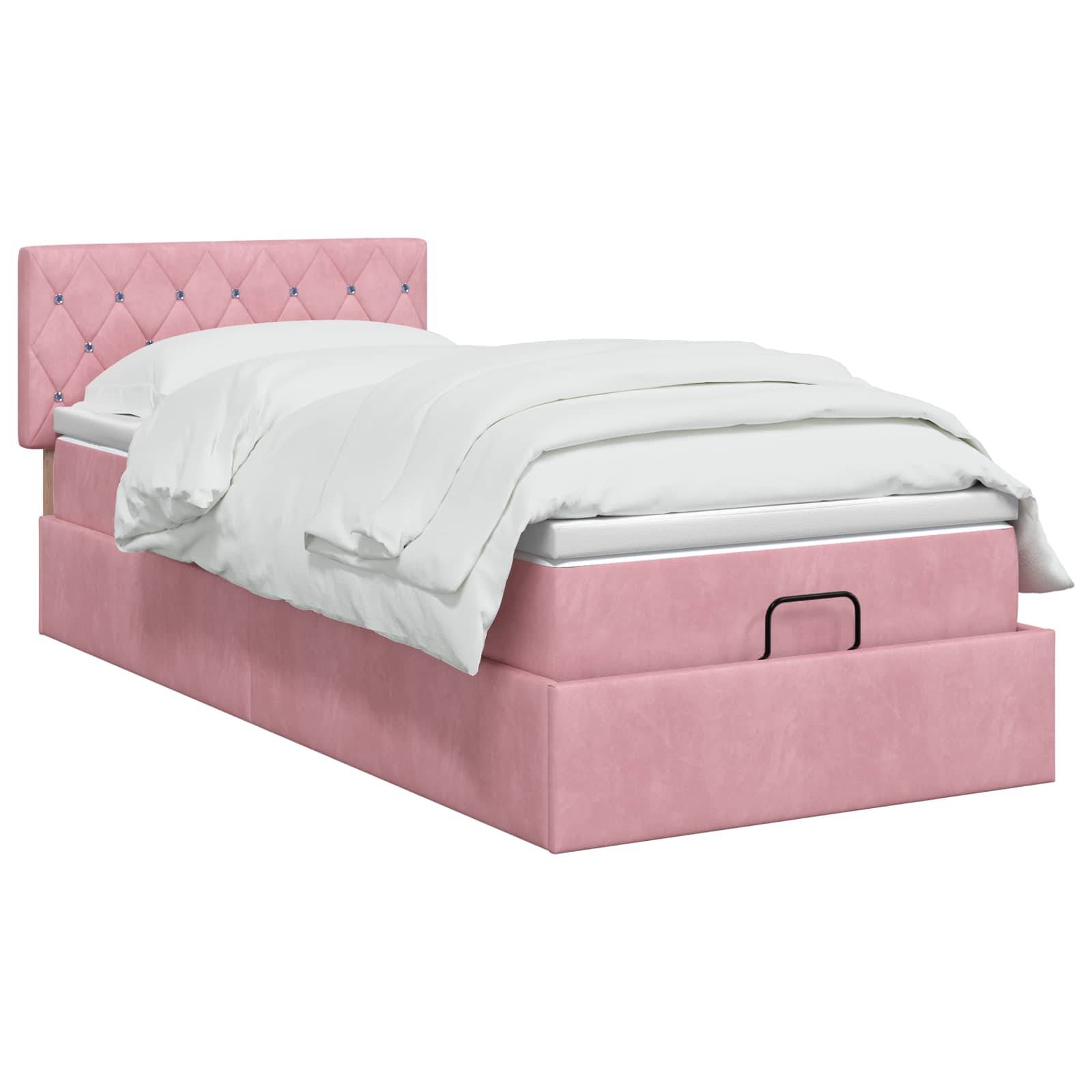 Rosa gepolstertes Bett mit gerafftem Kopfteil und weißer Bettwäsche auf einem Basis mit Stauraum.