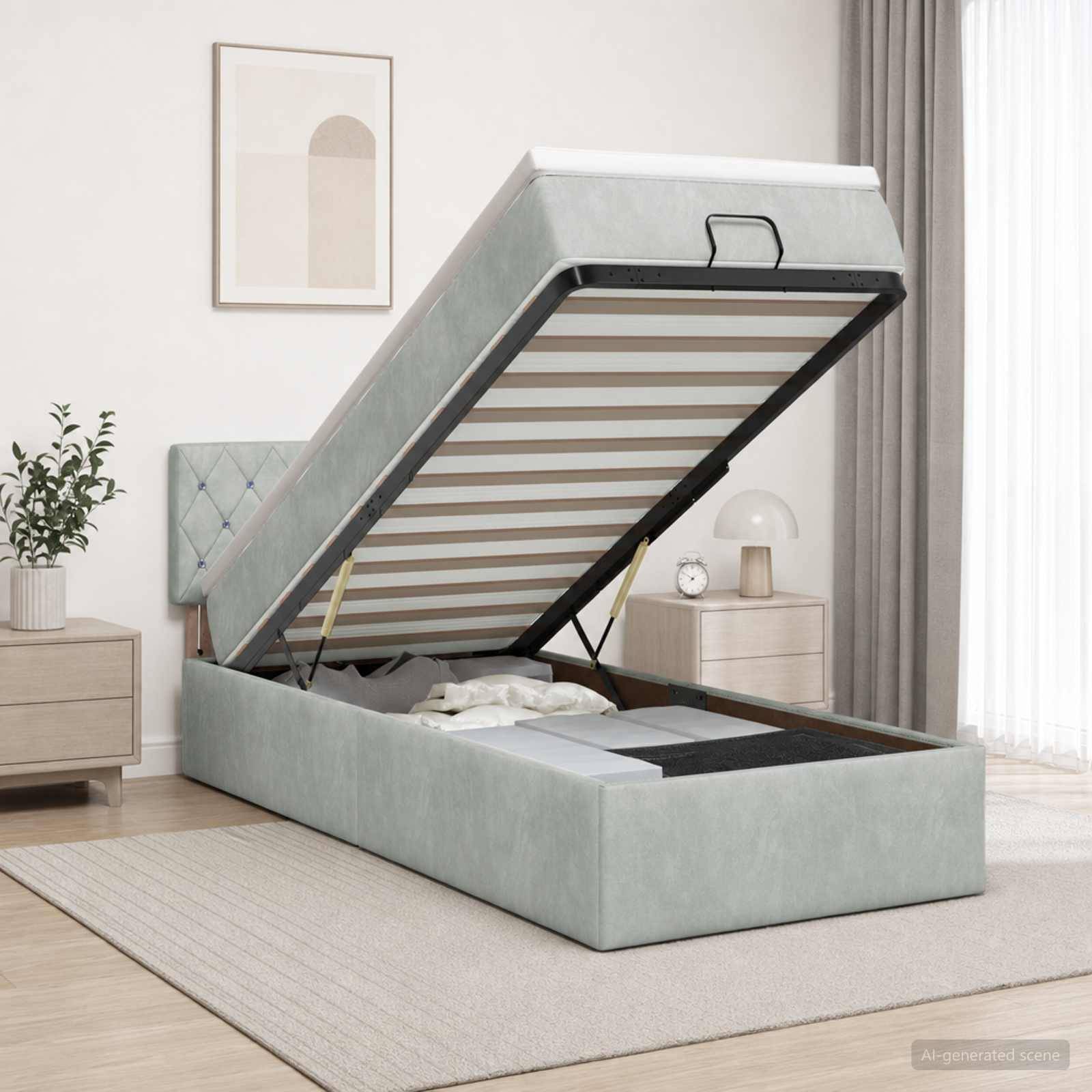 Gepolstertes Speicherbett mit geöffneter Matratzenunterlage, das unter dem Bett Stauraum in einem hellen, modernen Schlafzimmer mit Nachttischen, Lampe und Teppich zeigt.