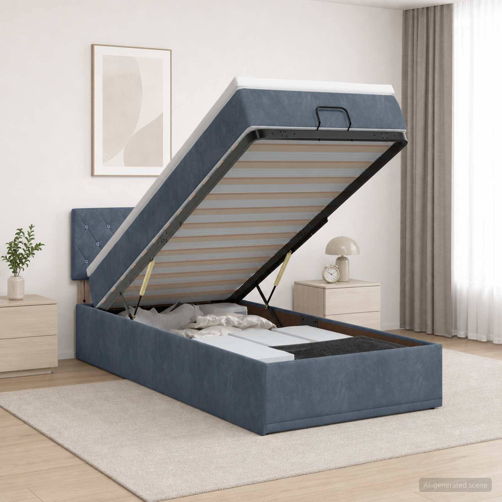 Blau gepolstertes Drehbettgestell mit Hubfunktion, geöffnet in einem hellen Schlafzimmer, das die Matratzenunterlage und den Stauraum darunter zeigt.