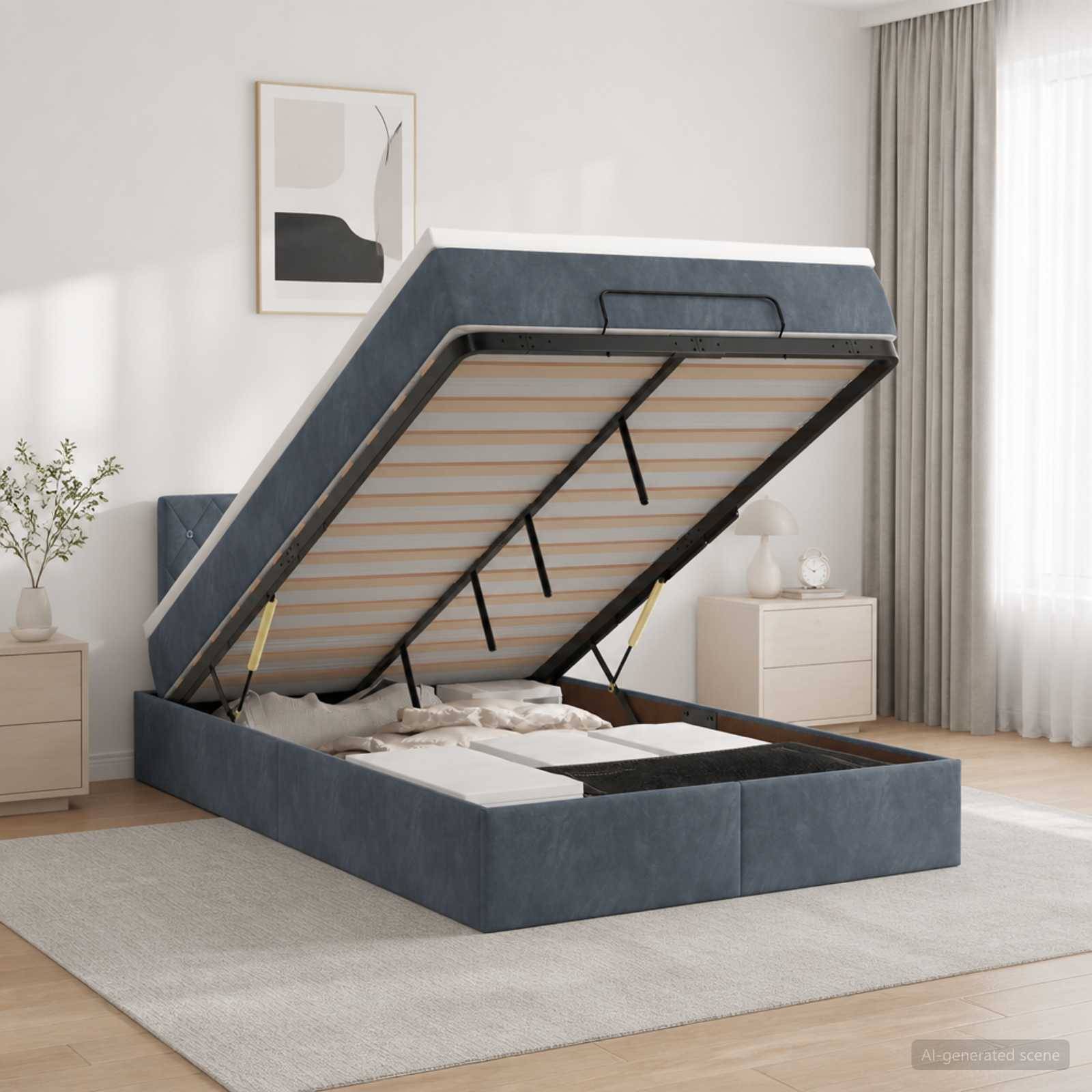 Blaues gepolstertes Speicherbett aufgeklappt, um das lamellierte Gestell und den Stauraum in einem hellen, minimalistischen Schlafzimmer zu zeigen.