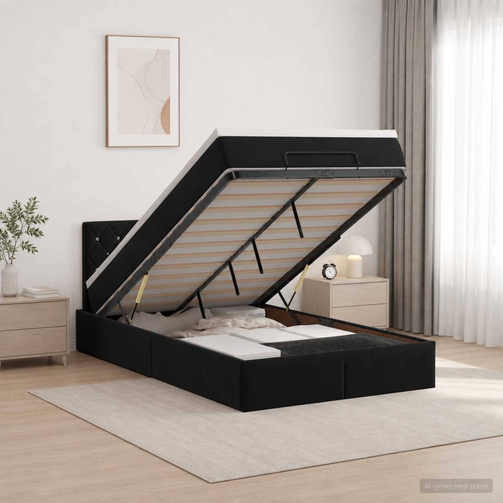 Schwarzes Ottomanbett mit Matratze, die offen hochgeklappt ist und den Stauraum darunter zeigt, in einem hellen minimalistischen Schlafzimmer mit Nachttischen, Lampe und Teppich.