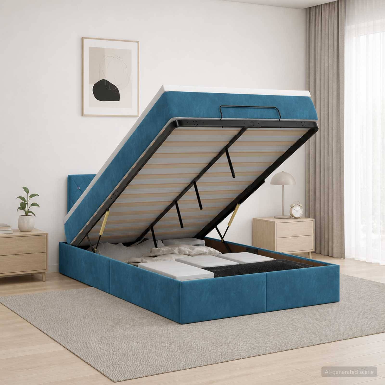 Blaues, gepolstertes Bett mit Gasdruckfeder zum Hochklappen, in einem hellen Schlafzimmer geöffnet, zeigt den Matratzenunterstützungsrahmen und den Stauraum unter dem Bett.