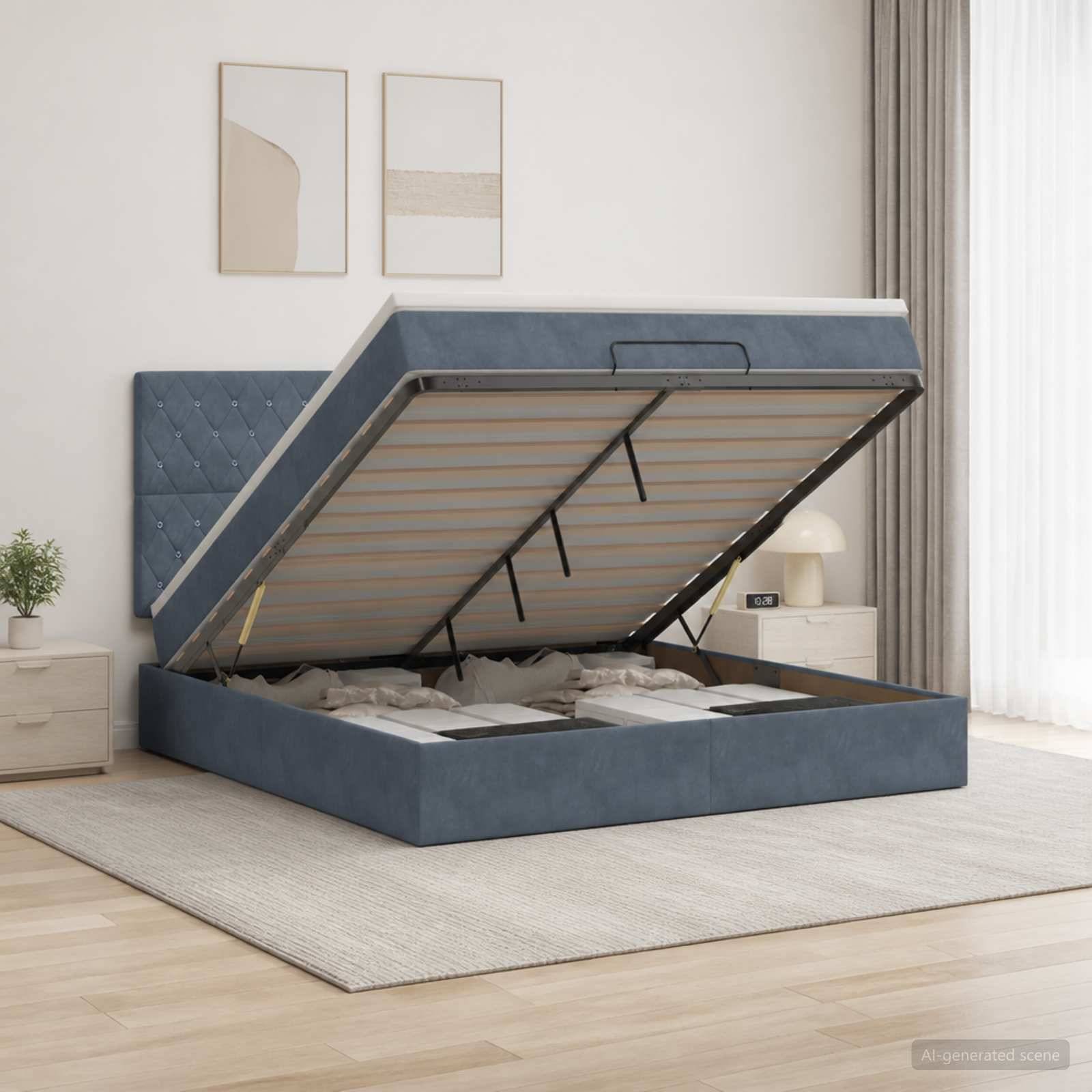 Blaupolstertes Ottomanbett mit hochklappbarer Matratzenunterfederung offen, wobei der Stauraum in einem modernen Schlafzimmer sichtbar ist.
