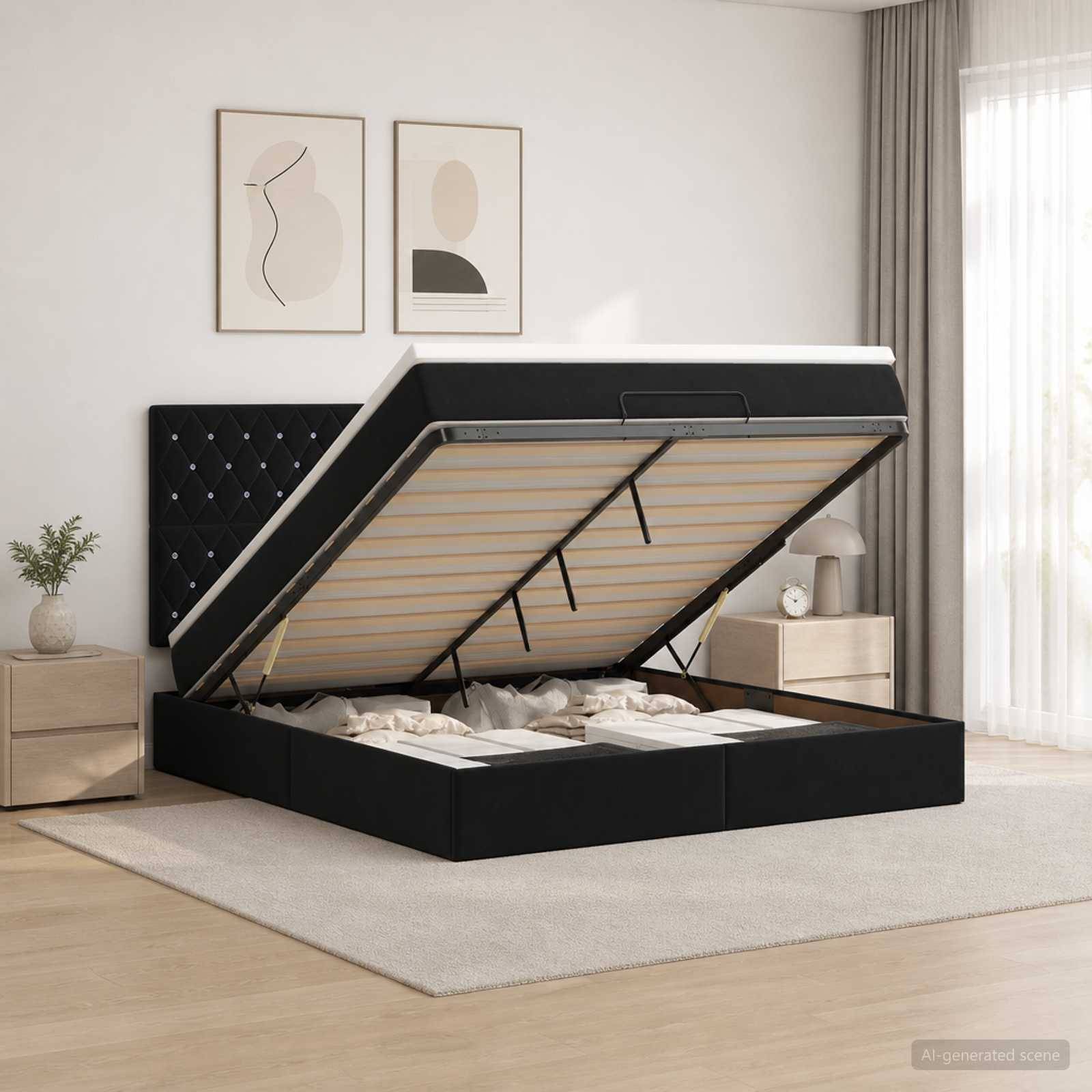 Schwarzes gepolstertes Bett mit Stauraum und aufgeklappter Matratzenplattform offen, zeigt Stauraum in einem minimalistischen Schlafzimmer.