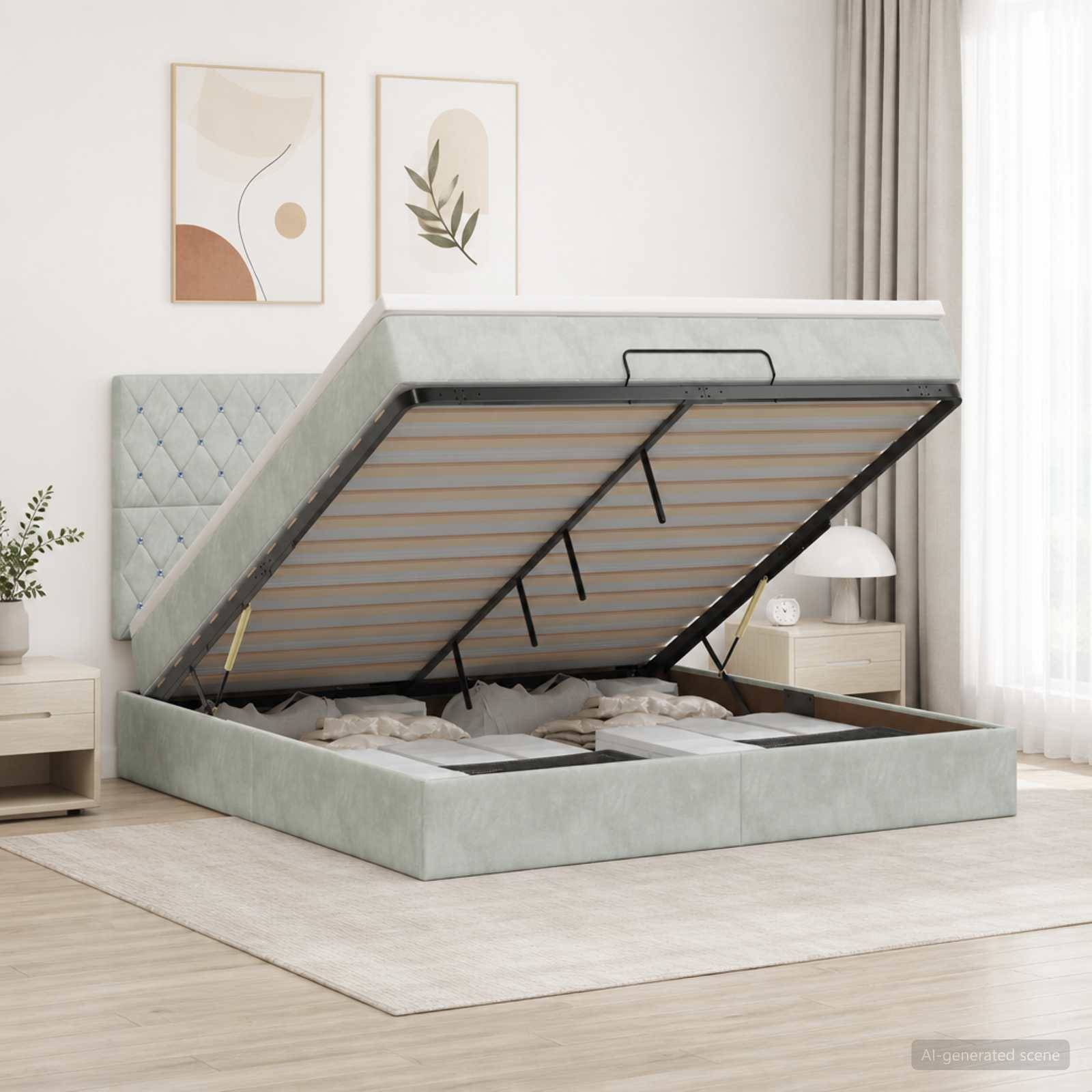 Polsteriertes Speicherbett mit angehobener Matratzenunterlage, das Stauraum unter dem Bett in einem hellen, modernen Schlafzimmer zeigt.