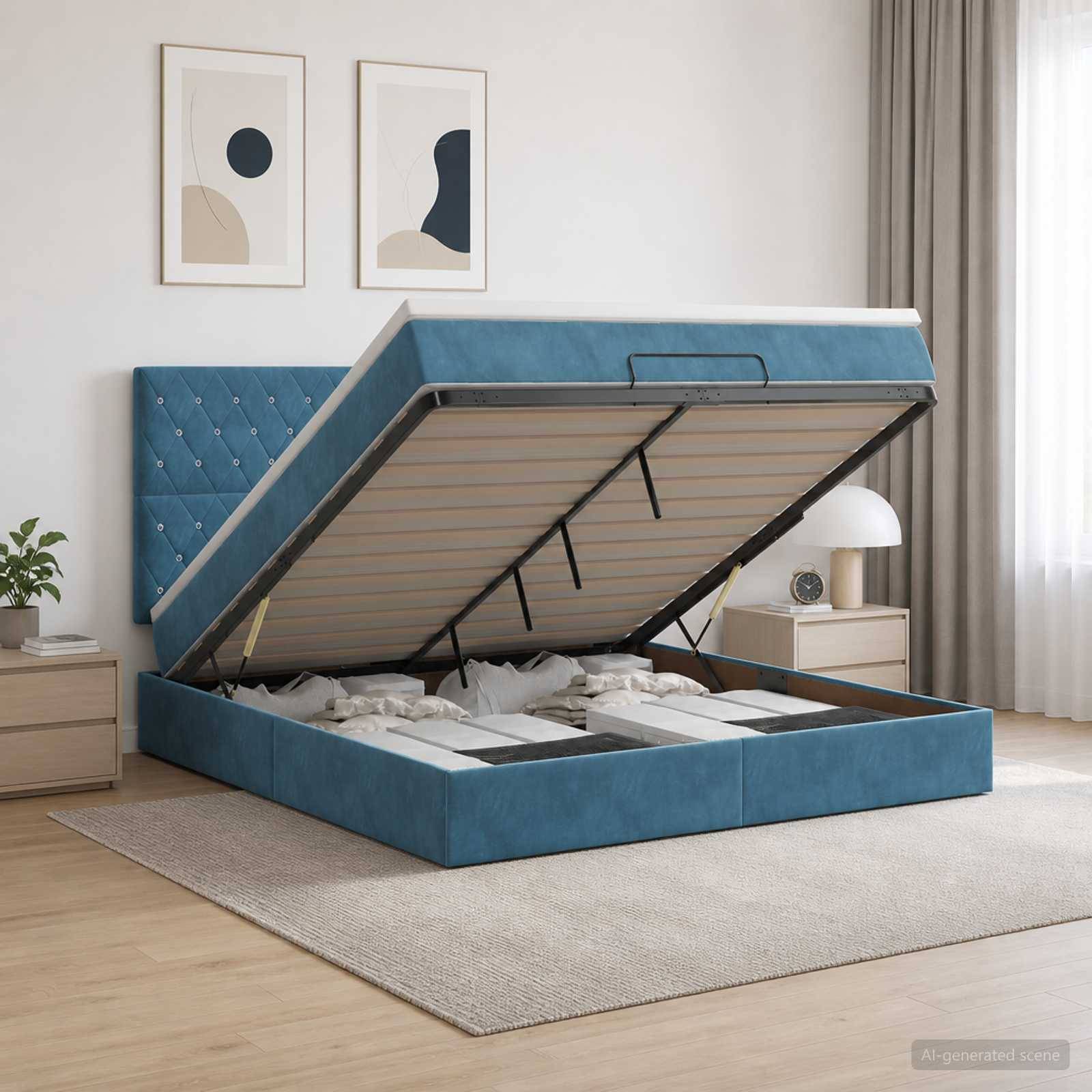 Blaues gepolstertes Speicherbett mit angehobener Plattform, die das Unter-Bett-Fach in einem minimalistischen Schlafzimmer zeigt.