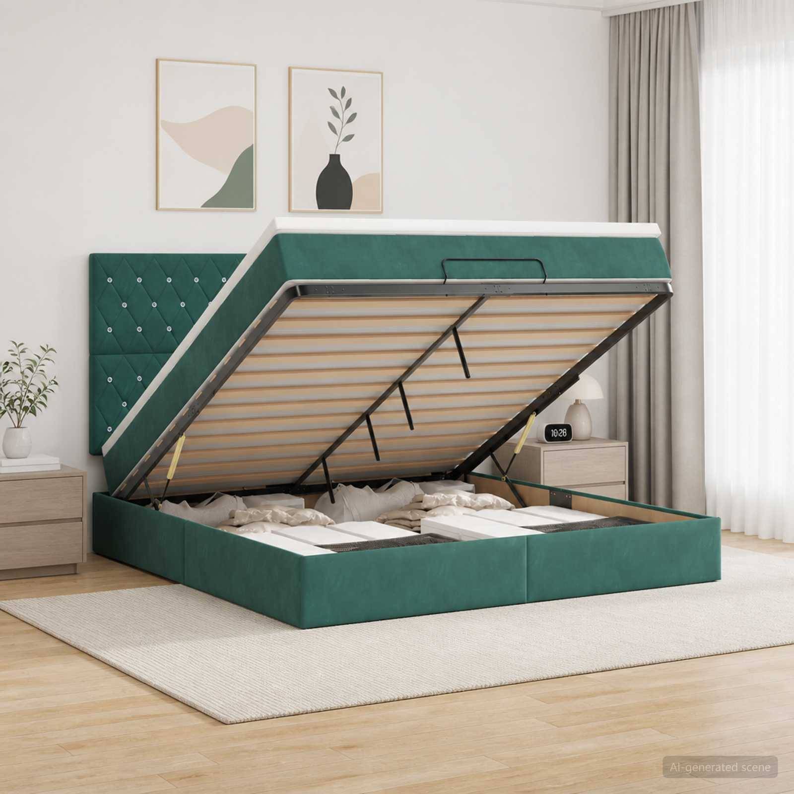 Grünes Polsterbett mit Speicherfunktion, bei dem die Matratze auf einem hydraulischen Rahmen hochgeklappt ist und den Stauraum darunter in einem hellen Schlafzimmer zeigt.