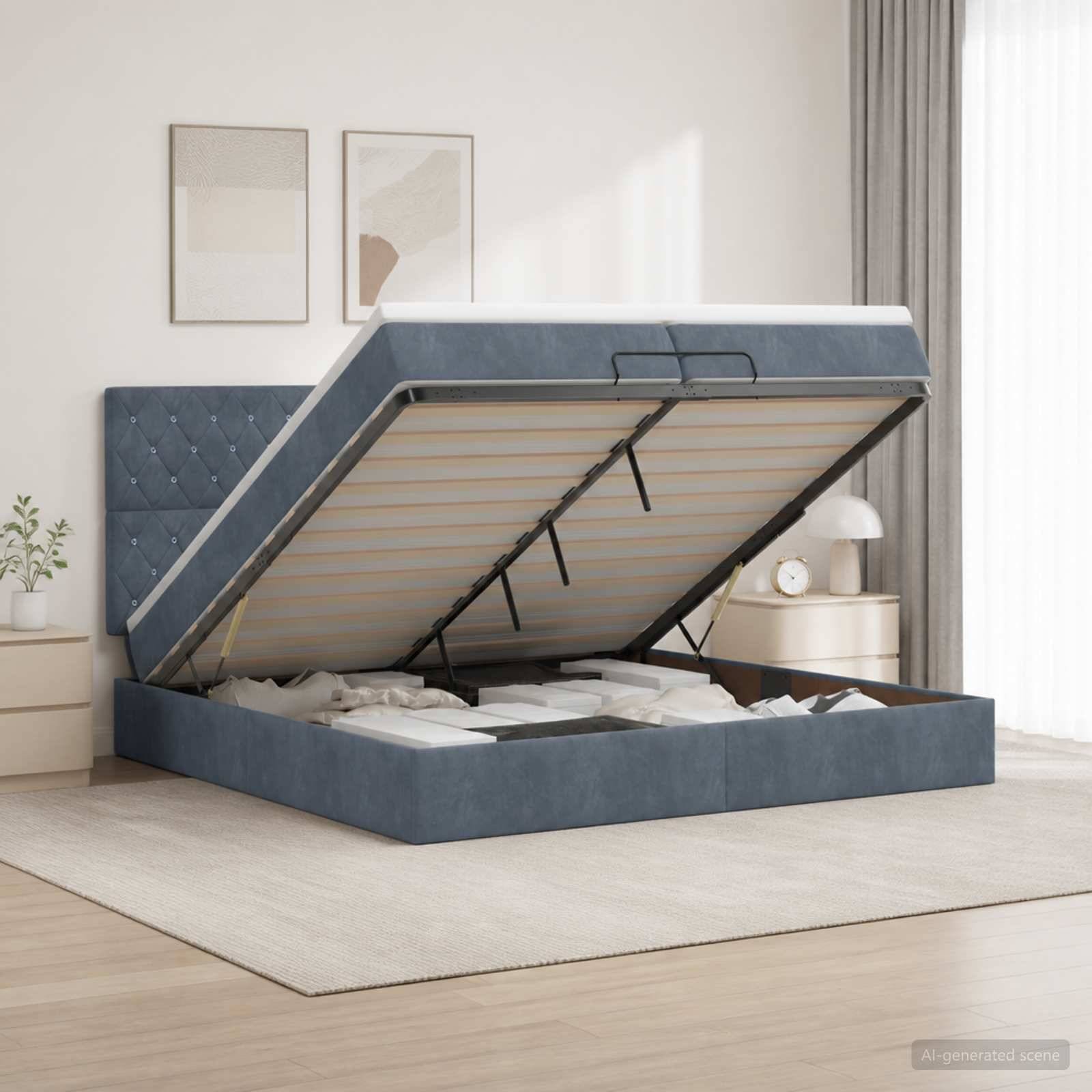 Blaugepolstertes Bett mit Hubmechanismus und erhobener Matratzenplattform, die den Stauraum unter dem Bett in einem hellen, minimalistischen Schlafzimmer offenlegt.