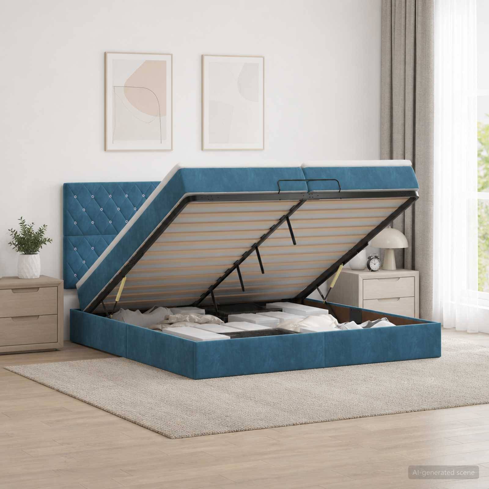 Blaues gepolstertes Bett mit angehobener Matratzenunterlage, das darunter befindliche Stauraum in einem hellen Schlafzimmer zeigt.
