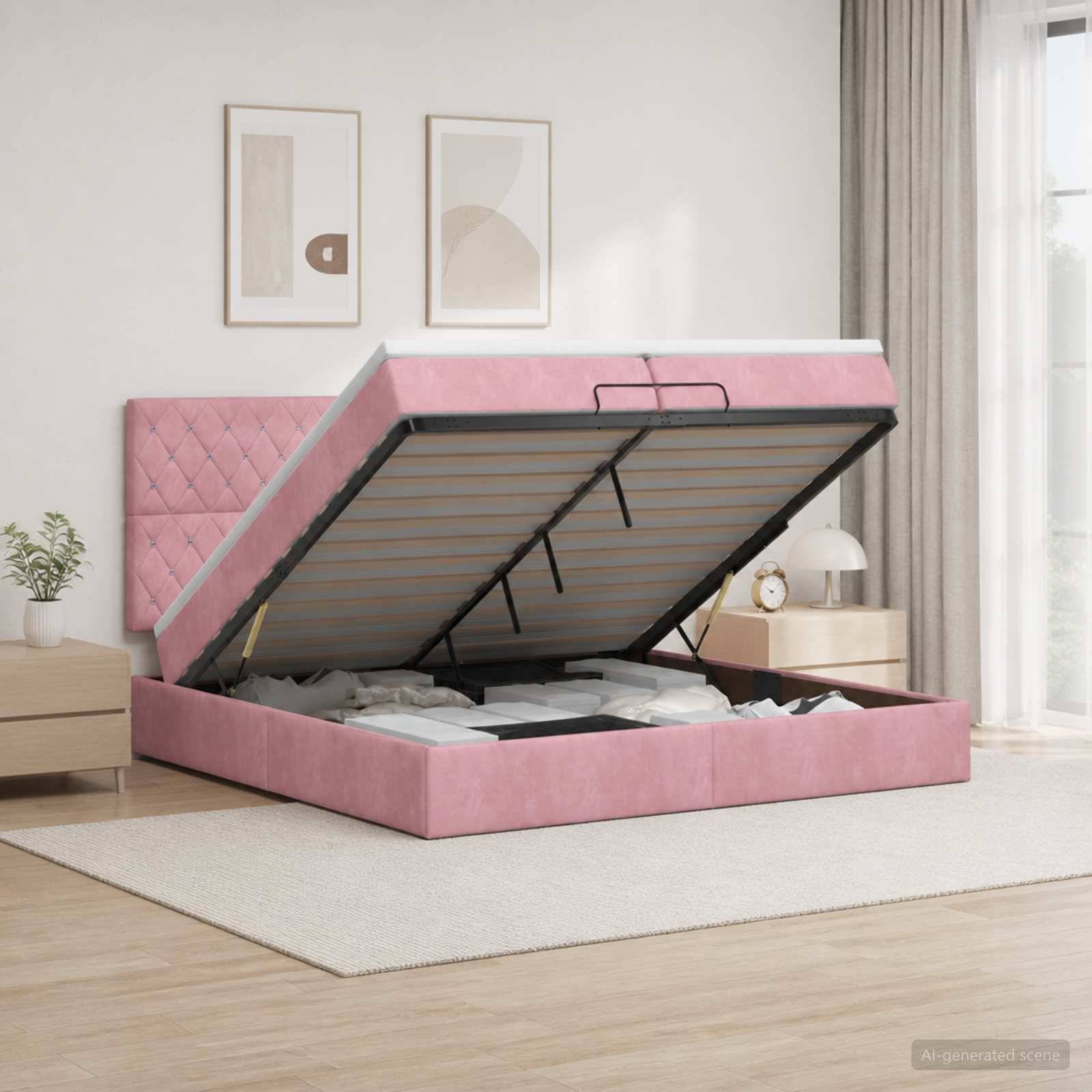 Rosa gepolstertes Speicherbett mit aufgehobenem Bett, das das Stauraum-Fach unter dem Bett in einem hellen Schlafzimmer zeigt.