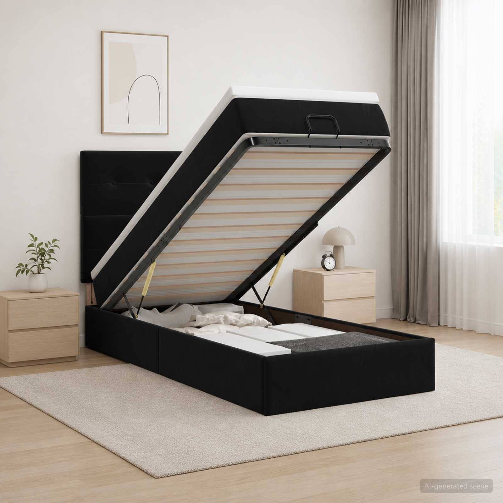 Schwarzes gepolstertes Speicherbett mit angehobener Matratzenunterlage durch Gasfedern, die den Stauraum unter dem Bett in einem modernen Schlafzimmer offenbaren.