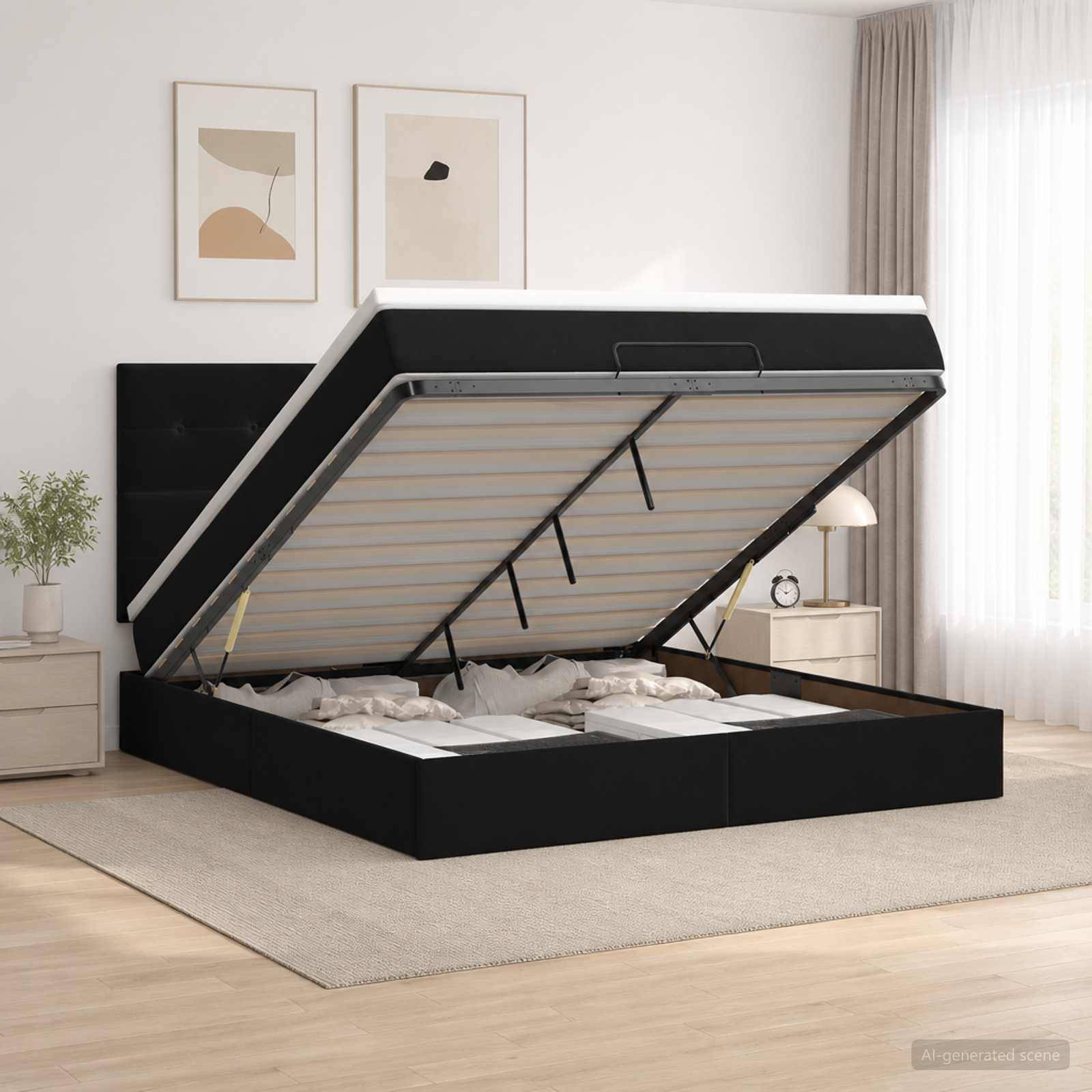 Schwarzes gepolstertes Speicherbett mit hochgeklappter Matratzenplattform, offen und zeigt darunter liegende Fachkammern in einem hellen Schlafzimmer.