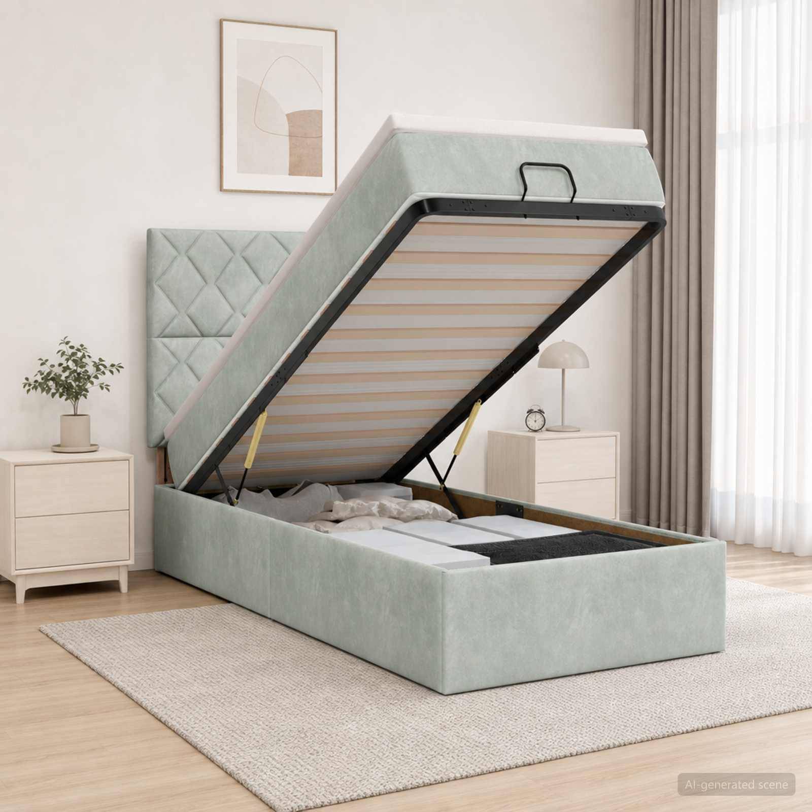 Mintgrünes Polsterbett mit Stauraum in einem hellen Schlafzimmer, gezeigt mit angehobenem Lattenrost zur Enthüllung des Unterbett-Stauraums.