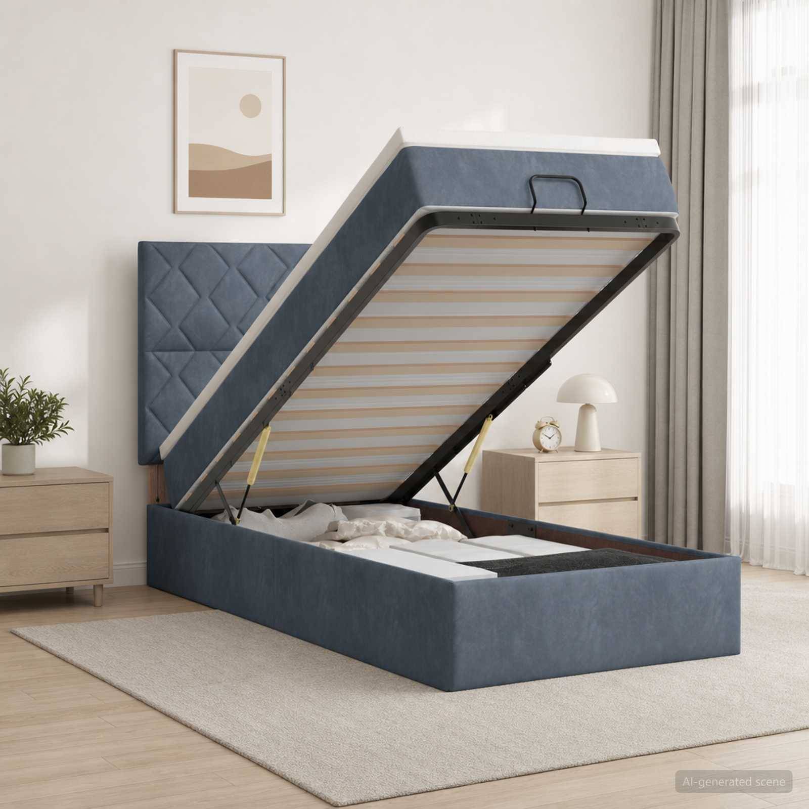 Blau gepolstertes Speicherbett mit angehobener Matratzenunterlage, das den Stauraum unter dem Bett in einem hellen modernen Schlafzimmer offenbart.