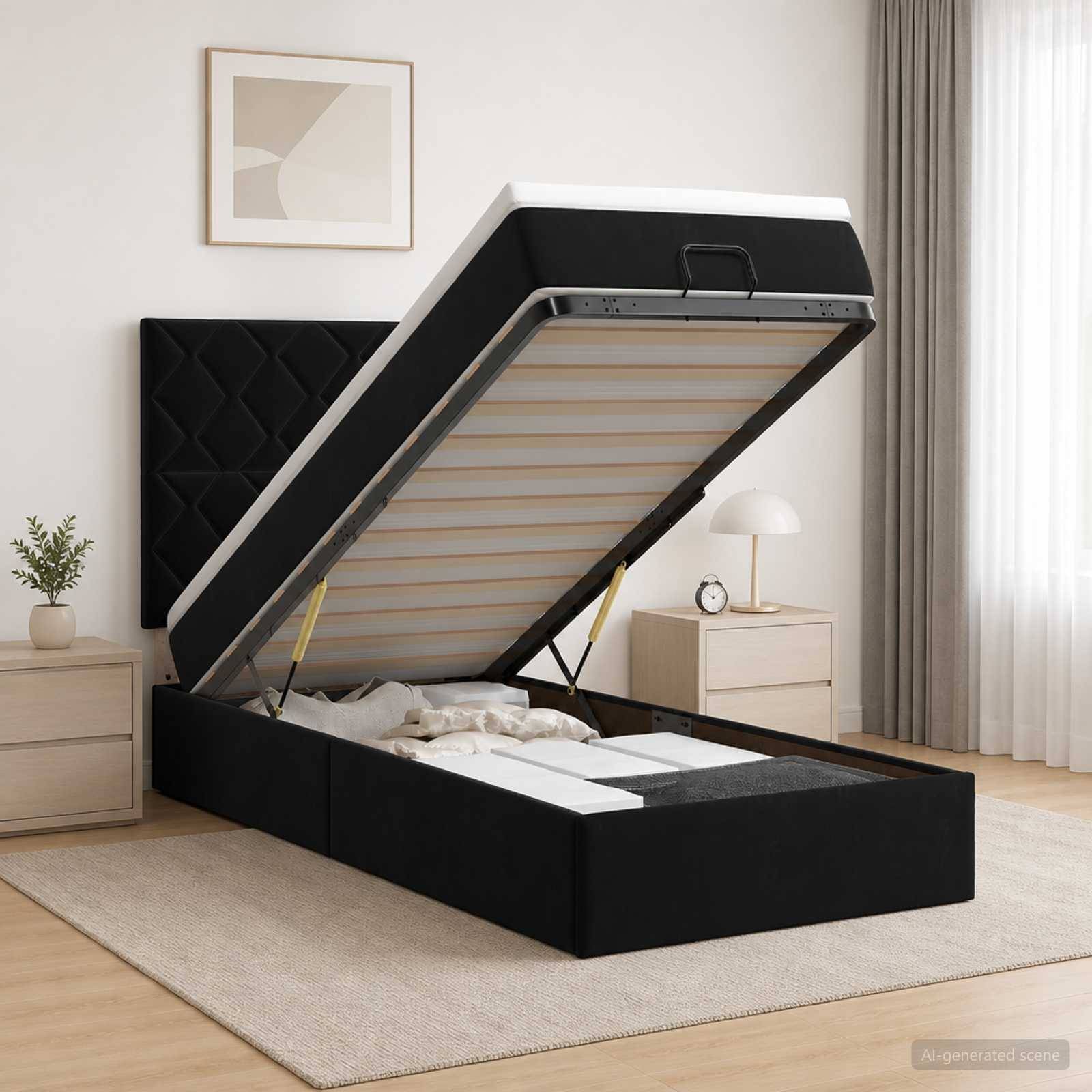 Schwarzes gepolstertes Bett mit Gasdruckfeder zum Hochklappen und Stauraum darunter, mit erhobener Matratze, um den Stauraum unter dem Bett in einem modernen Schlafzimmer zu zeigen.