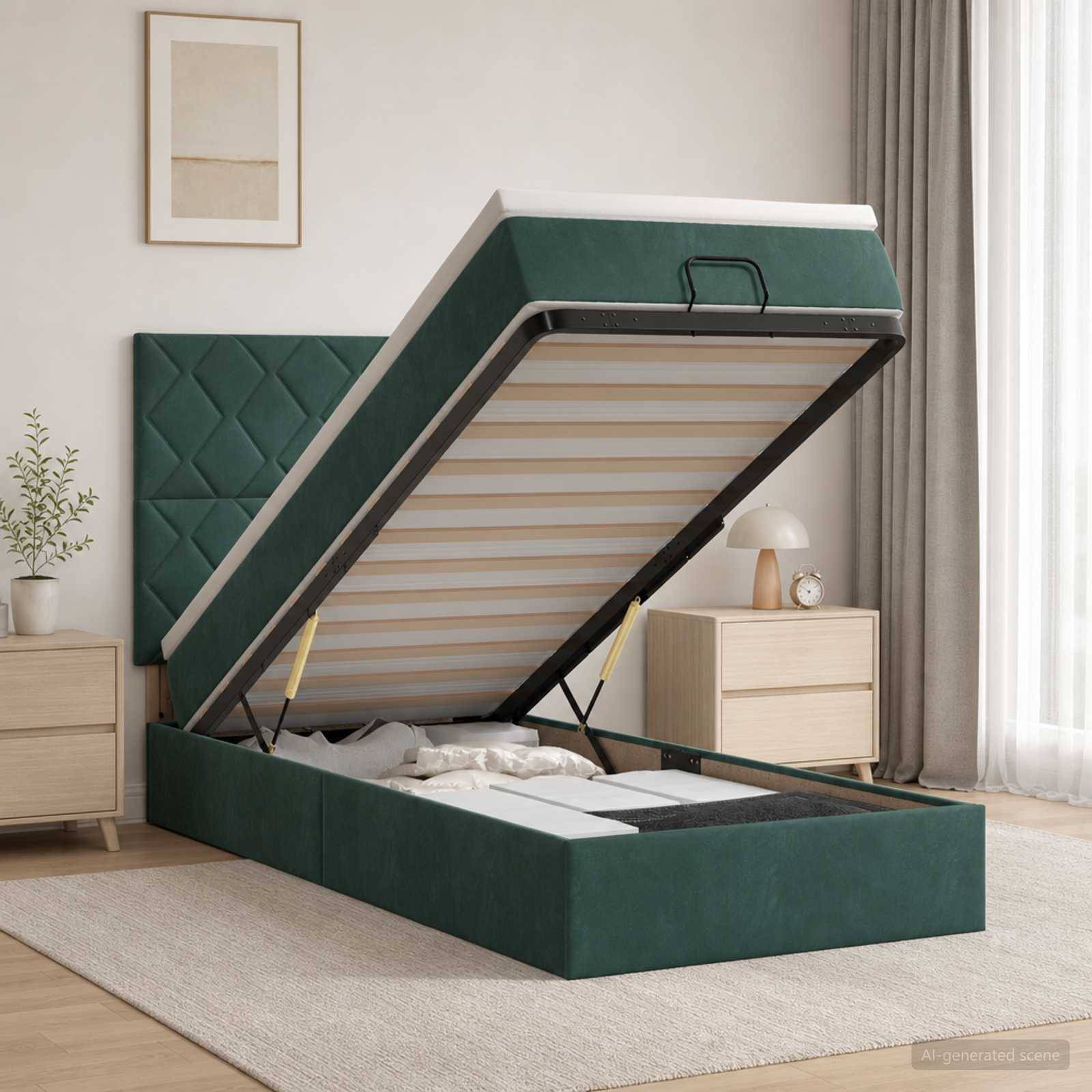 Grünes gepolstertes Speicherbett mit auf Scharnieren angehobenem Matratze, das das Unter-Bett-Fach in einem modernen Schlafzimmer offenbahrt.