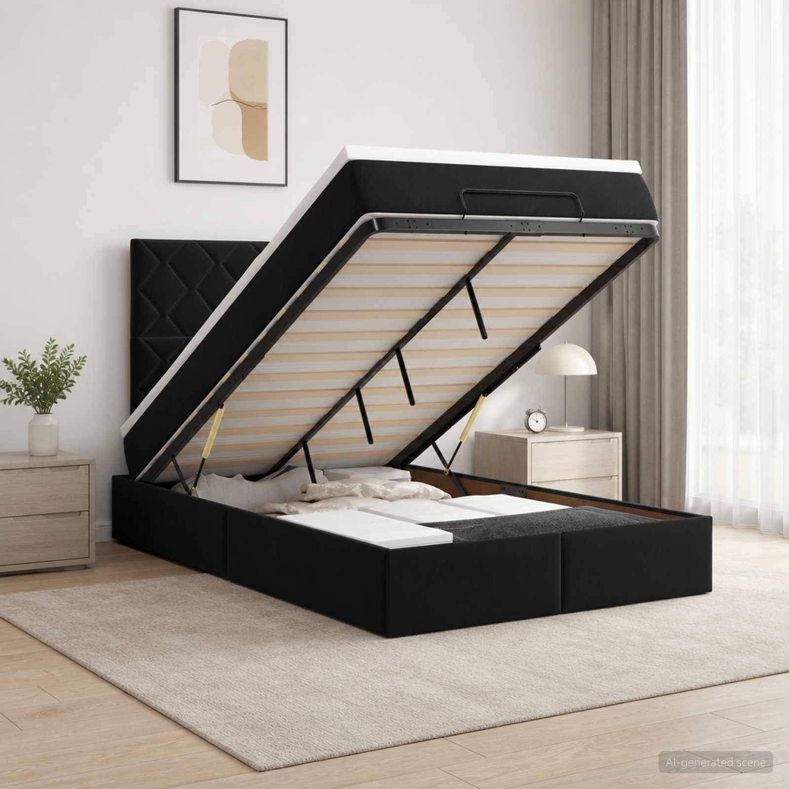 Modernes schwarz gepolstertes Speicherbett mit hydraulischem Hubrahmen, der angehoben ist, um die Matratzenunterlage in einem hellen Schlafzimmer freizulegen.