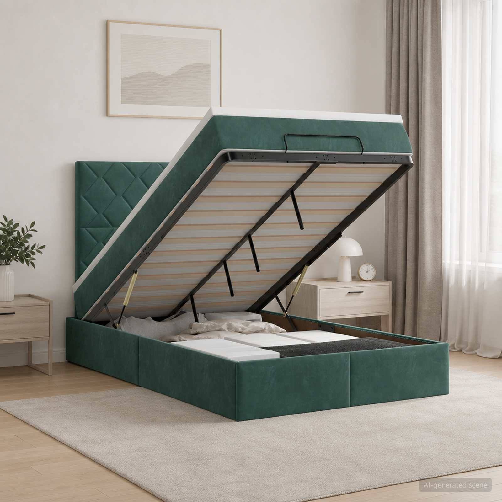 Grünes Polsterbett mit Hubbettfunktion und angehobener Matratzenunterlage, die den Stauraum unter dem Bett und die Lattenrostunterstützung in einem minimalistischen Schlafzimmer zeigt.