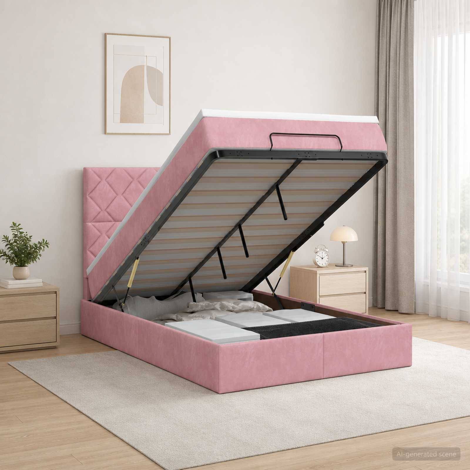 Rosa gepolstertes Bett mit Hubmechanismus offen, um den Stauraum unter dem Bett in einem hellen Schlafzimmer zu zeigen.