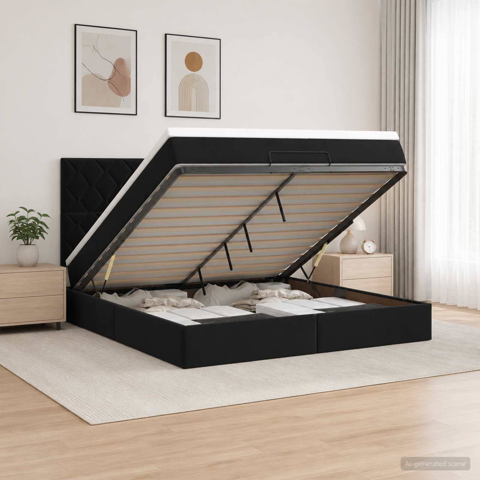 Ein schwarz gepolstertes Bett mit Hubmechanismus ist geöffnet und zeigt den Stauraum unter dem Bett in einem hellen modernen Schlafzimmer.