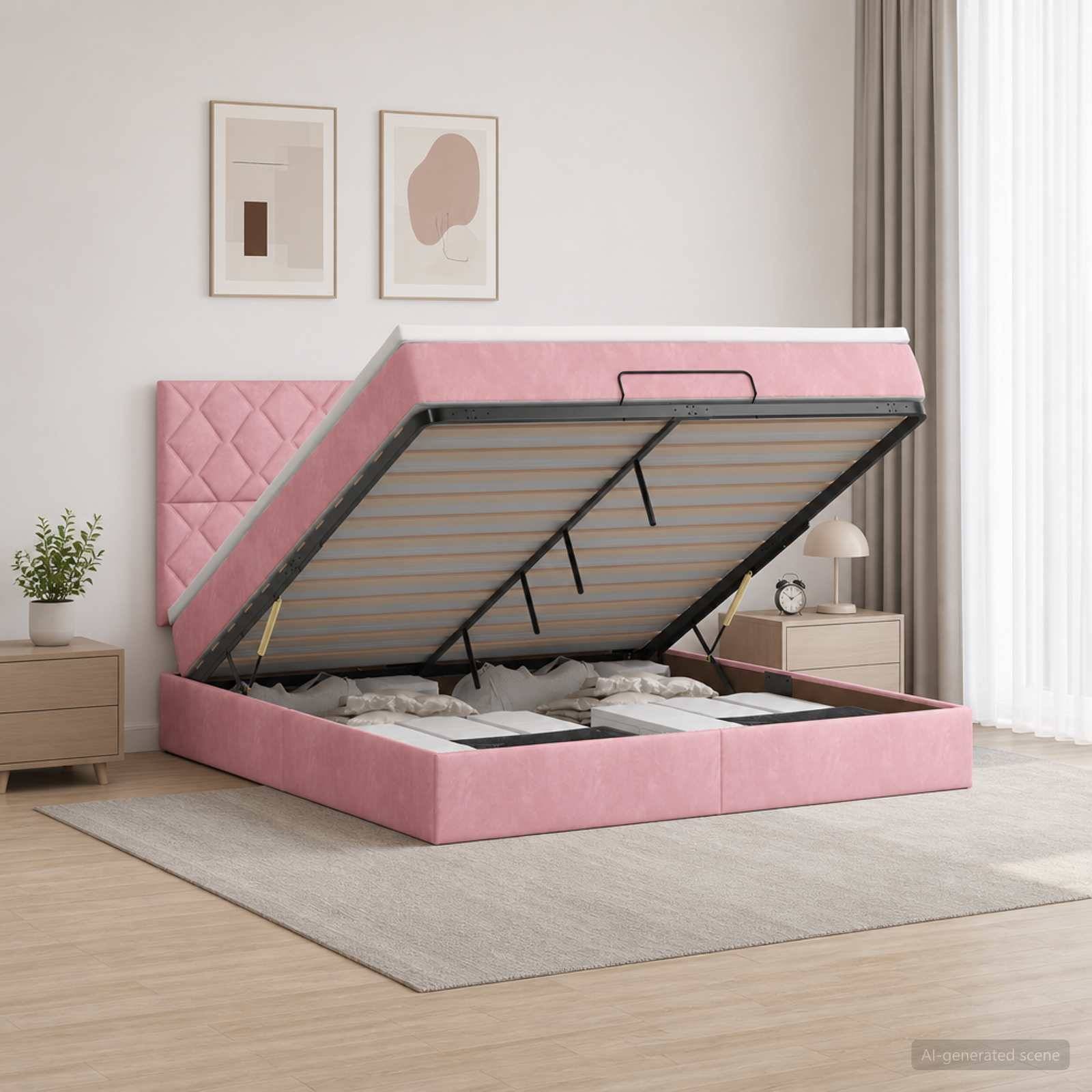 Rosafarbenes gepolstertes Bett mit Stauraum, wobei die Matratze angehoben ist, um den Stauraum unter dem Bett in einem minimalistischen Schlafzimmer zu zeigen.