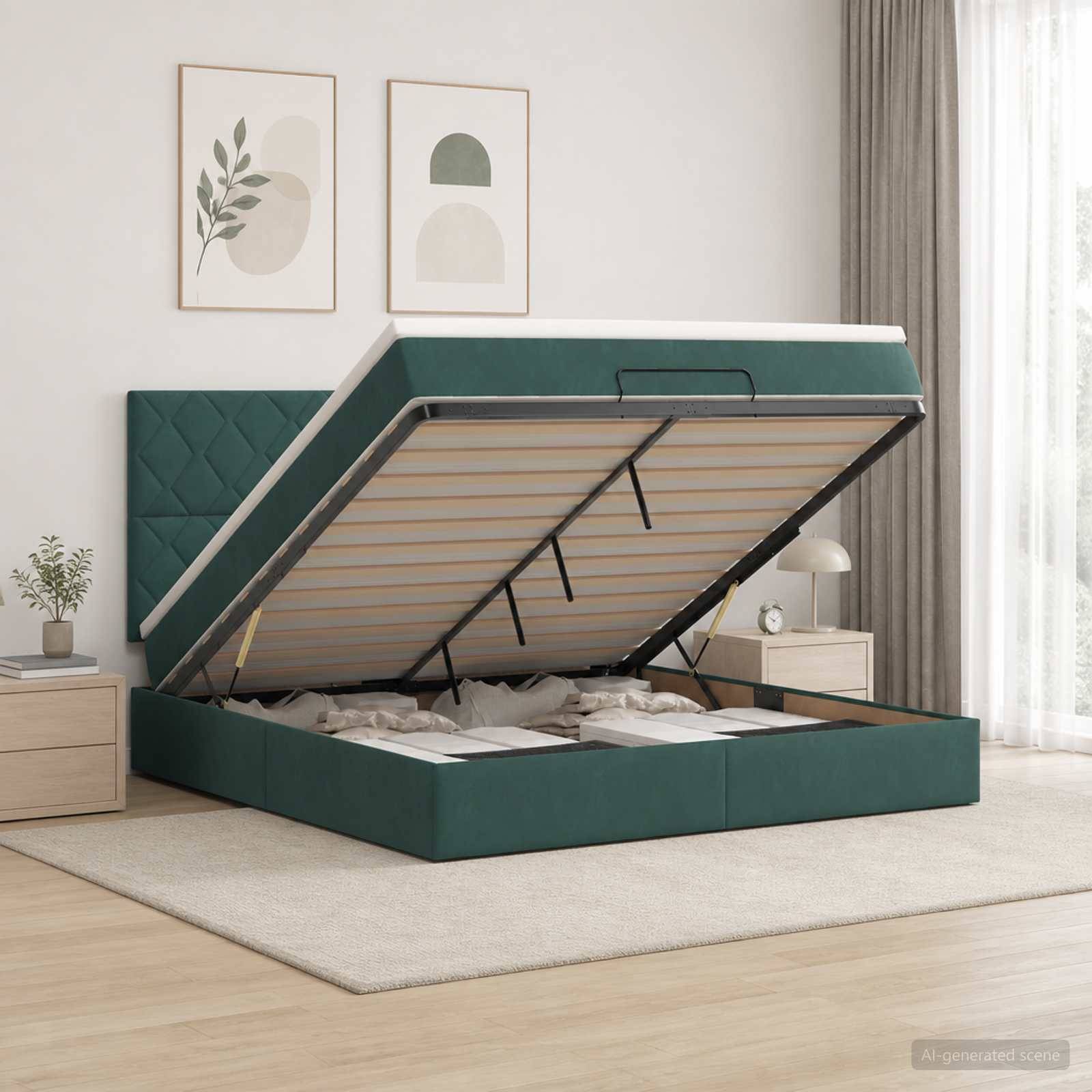 Grünes gepolstertes Bett mit Hydraulik-Hubfunktion und der hochgeklappten Matratzenunterlage, die das Lagerfach in einem modernen Schlafzimmer zeigt.