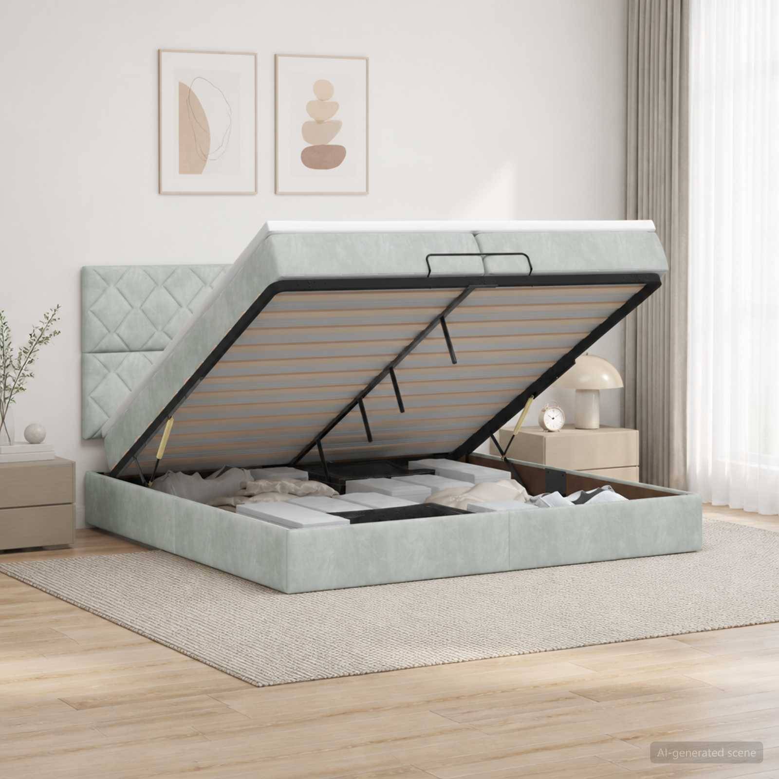 Hellsalbei-gepolstertes Speicherbett mit angehobenem Gasdruckdämpfer-Matratze, das unter dem Bett liegende Aufbewahrung in einem modernen Schlafzimmer enthüllt.