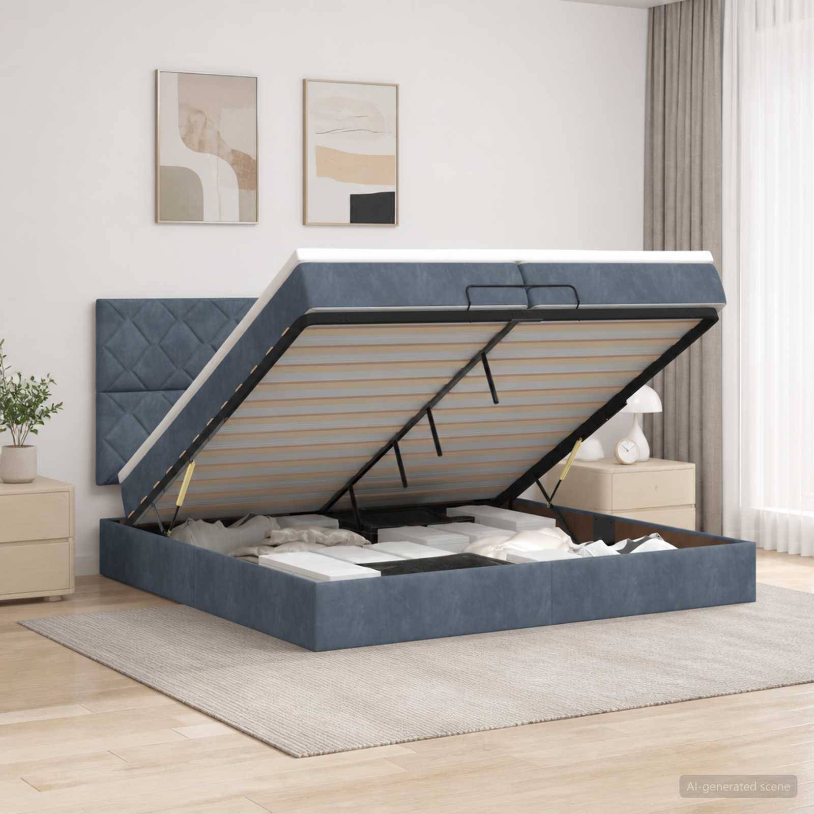 Blau gepolstertes Bett mit Hubmechanismus und Stauraum, mit angehobener Matratzenunterstützung zur Darstellung des Unter-Bett-Lagerfachs in einem hellen modernen Schlafzimmer.