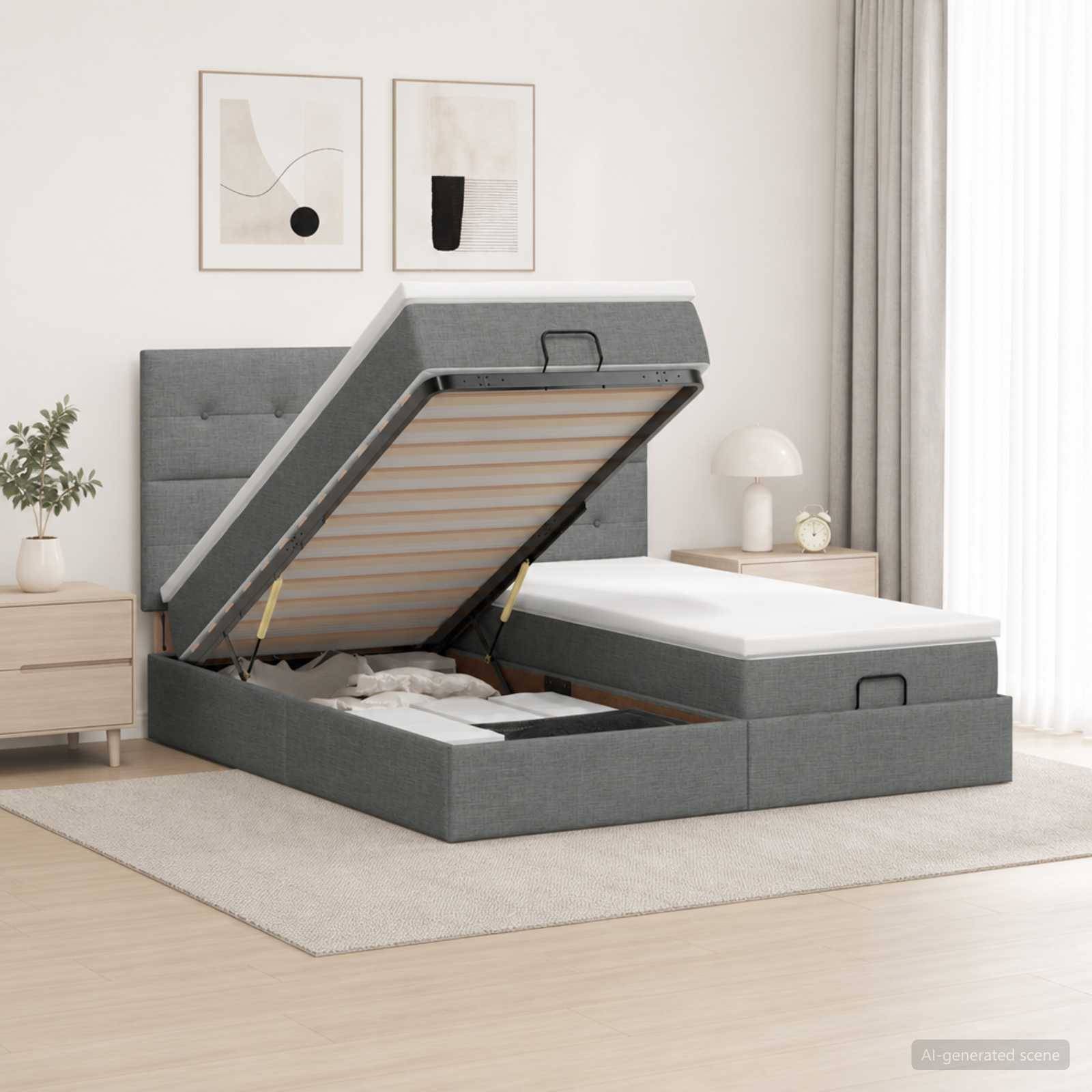 Grau gepolstertes Hydraulikbett mit angehobenem Lattenrost, der den Stauraum unter dem Bett in einem modernen Schlafzimmer zeigt.
