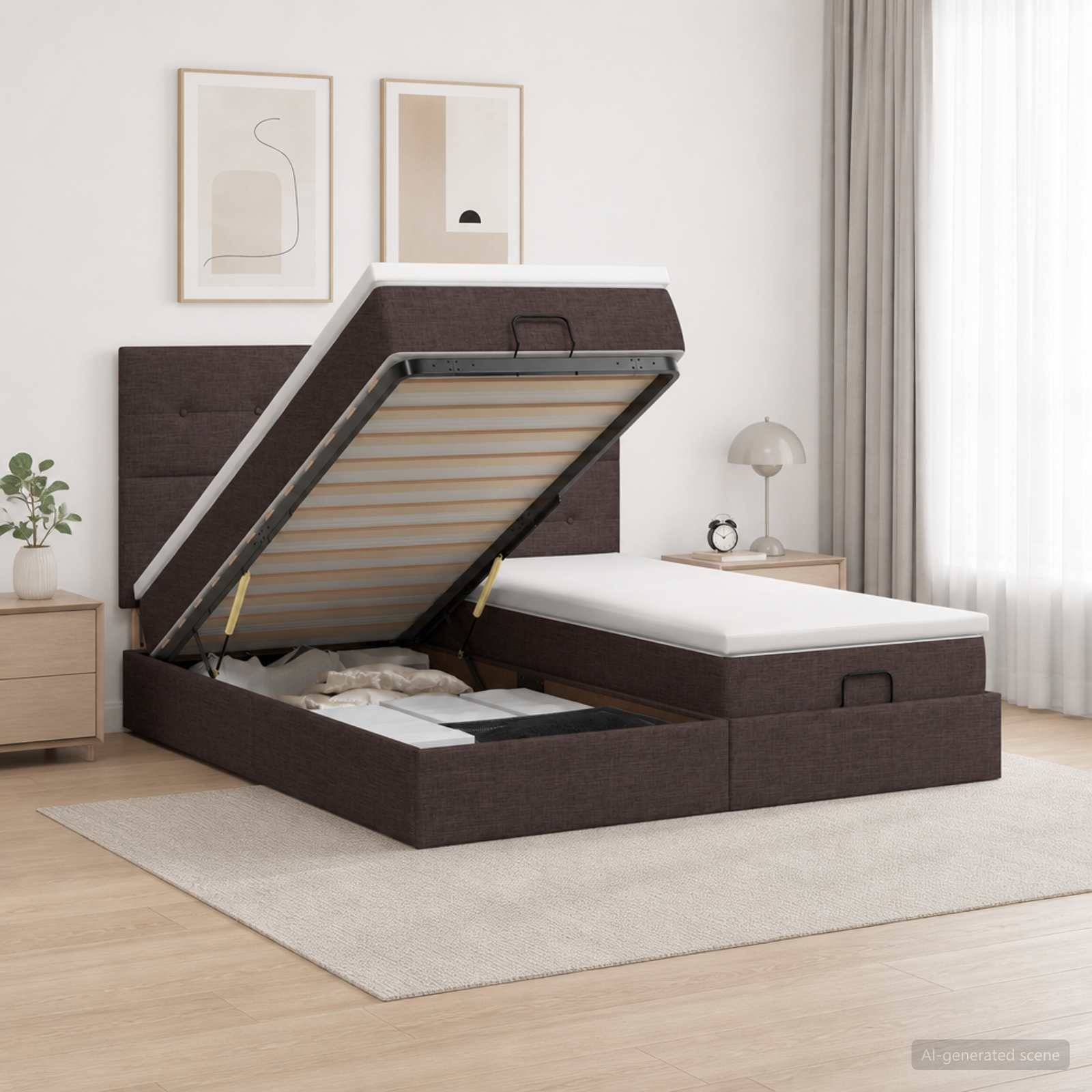 Braunes gepolstertes Boxspringbett mit angehobenem Lattenrost, das den Stauraum unter dem Bett in einem minimalistischen Schlafzimmer zeigt.