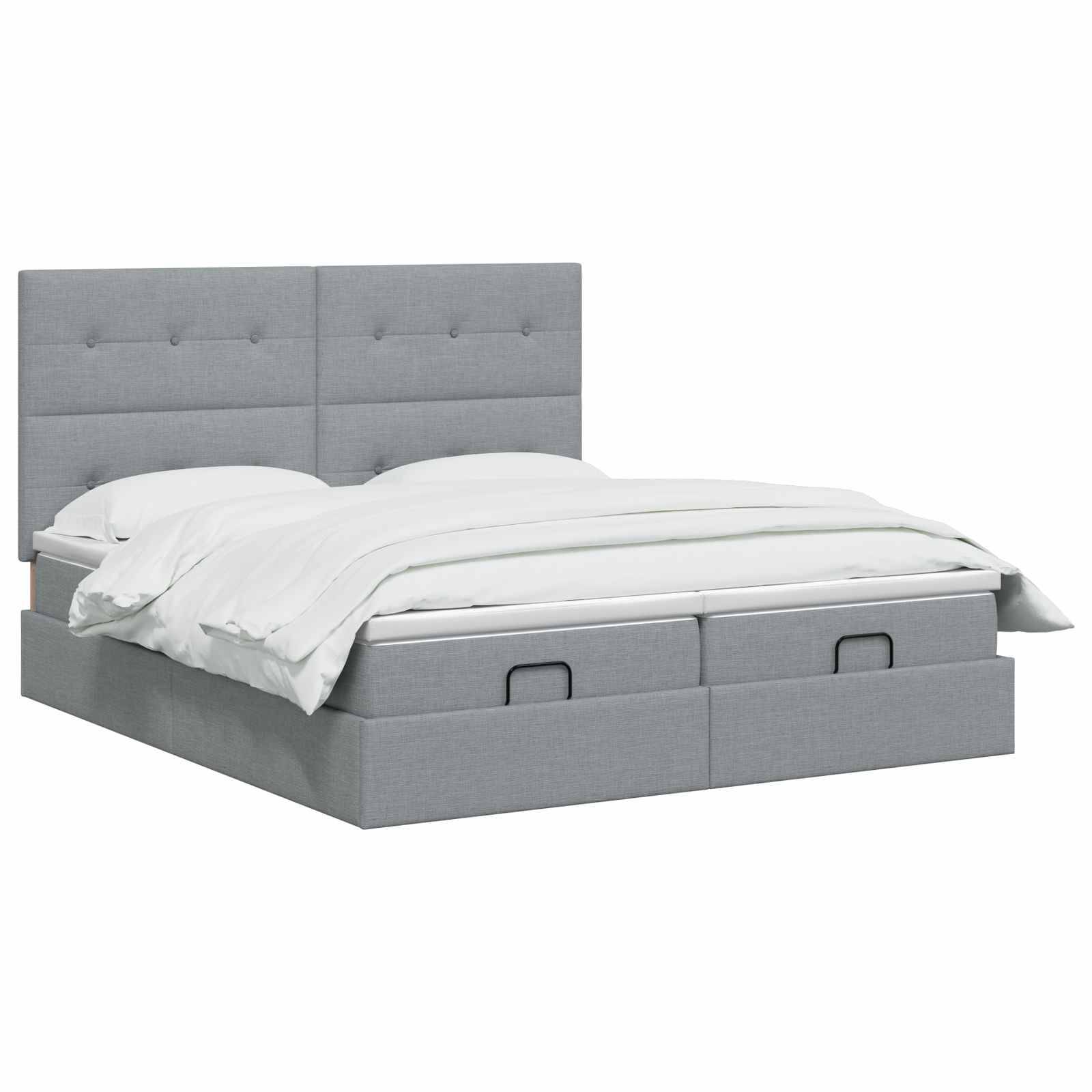 Grau gepolstertes Bett mit hohem, knopfgestepptem Kopfteil und Aufbewahrungsschubladen unter dem Bett, abgebildet mit weißer Bettwäsche auf weißem Hintergrund.
